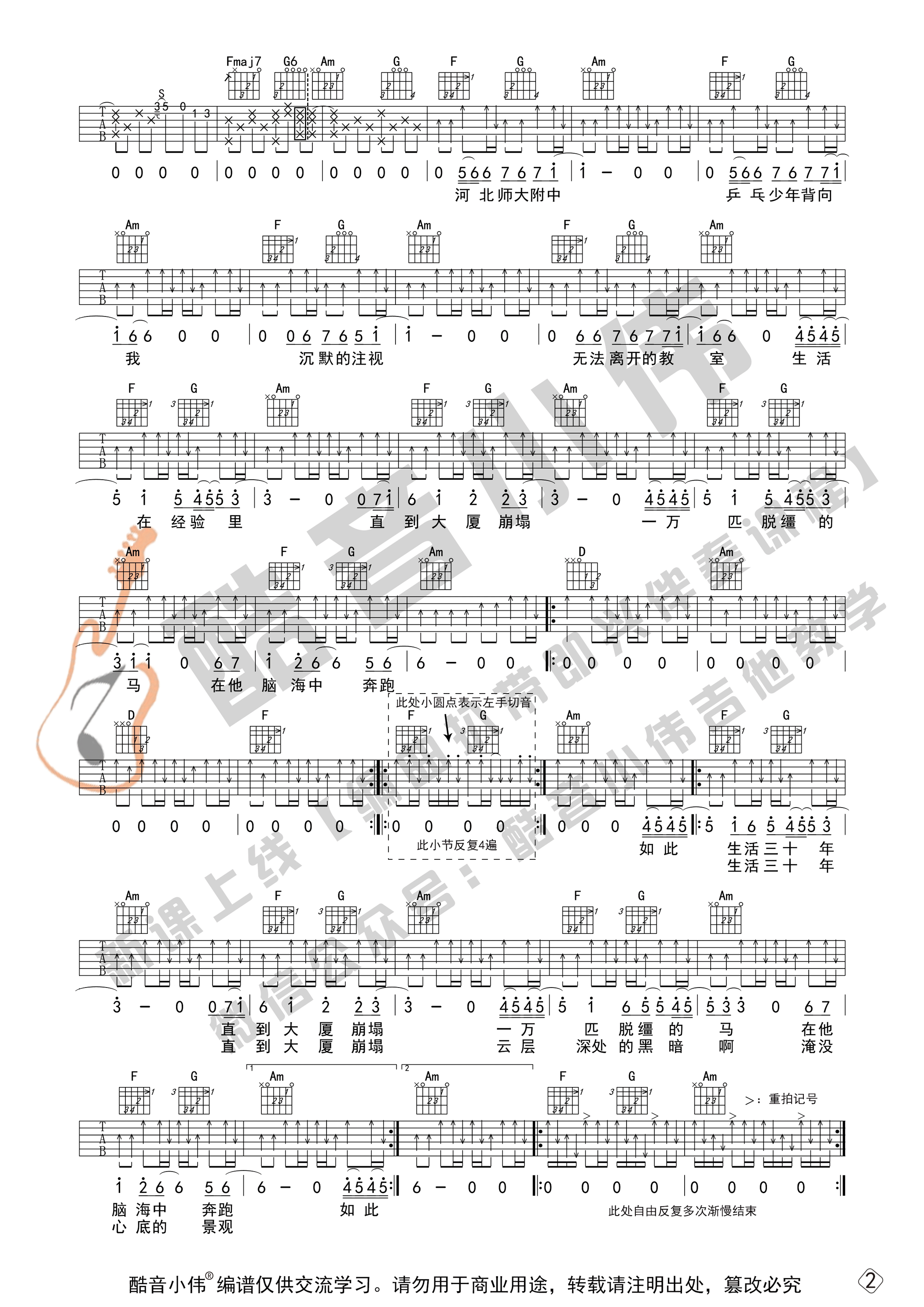 杀死那个石家庄人吉他谱,原版万能青年旅店歌曲,简单C调弹唱教学,酷音小伟吉他教学版六线指弹简谱图