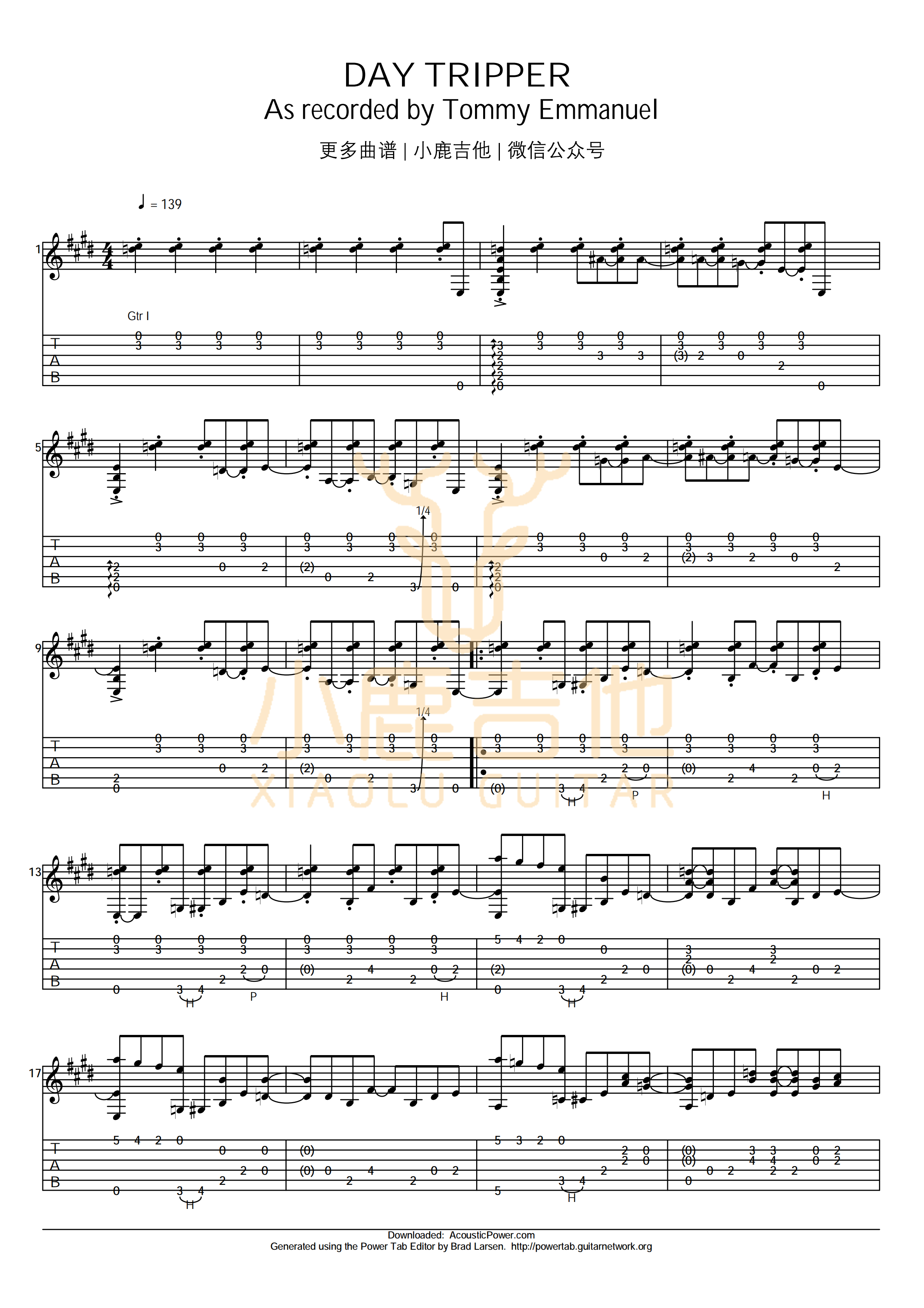 DayTripper-TommyEmmanuel指弹吉他谱,原版TommyEmmanuel歌曲,简单_弹唱教学,小鹿吉他版六线指弹简谱图