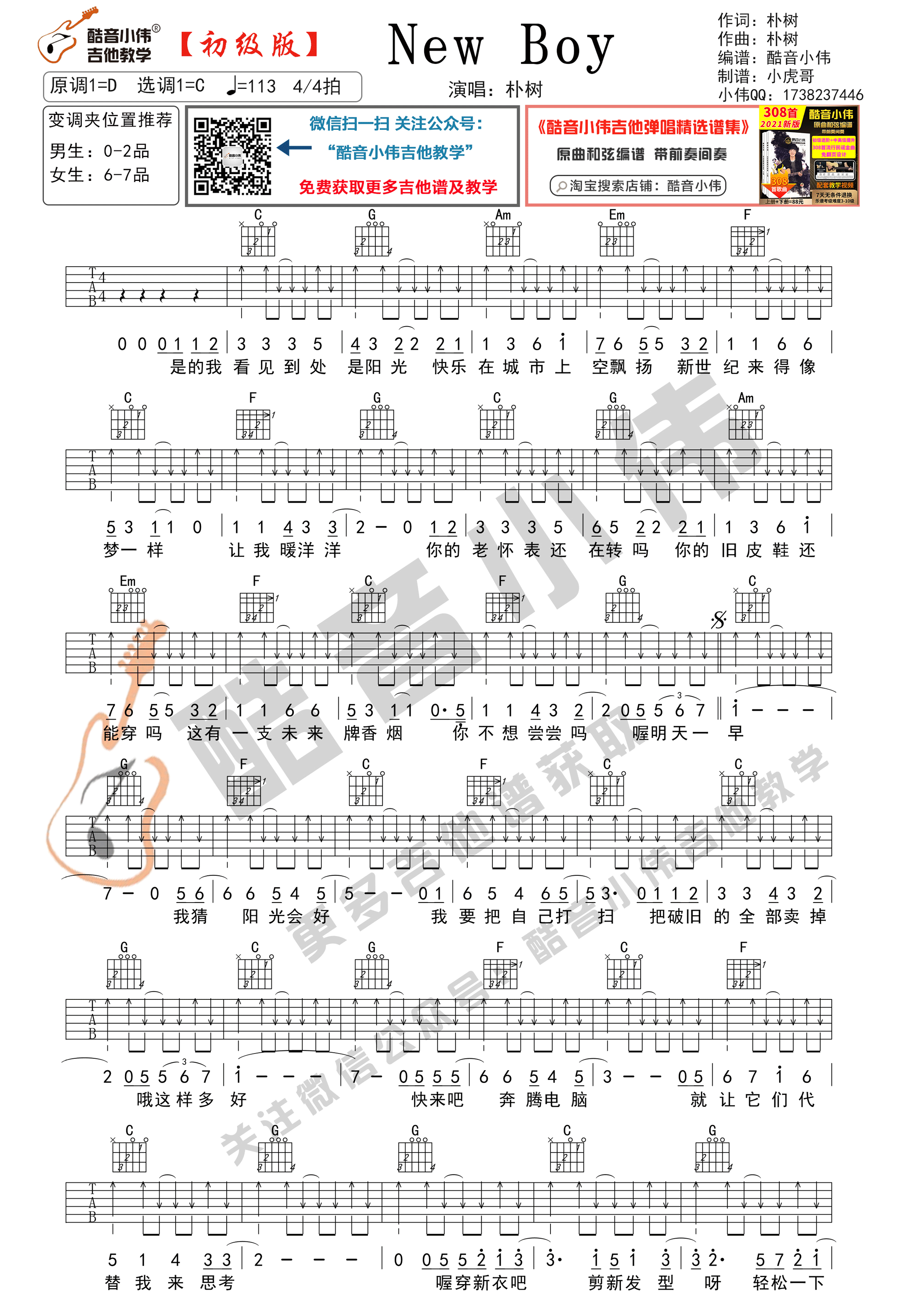 Newboy吉他谱,原版朴树歌曲,简单C调弹唱教学,酷音小伟版六线指弹简谱图