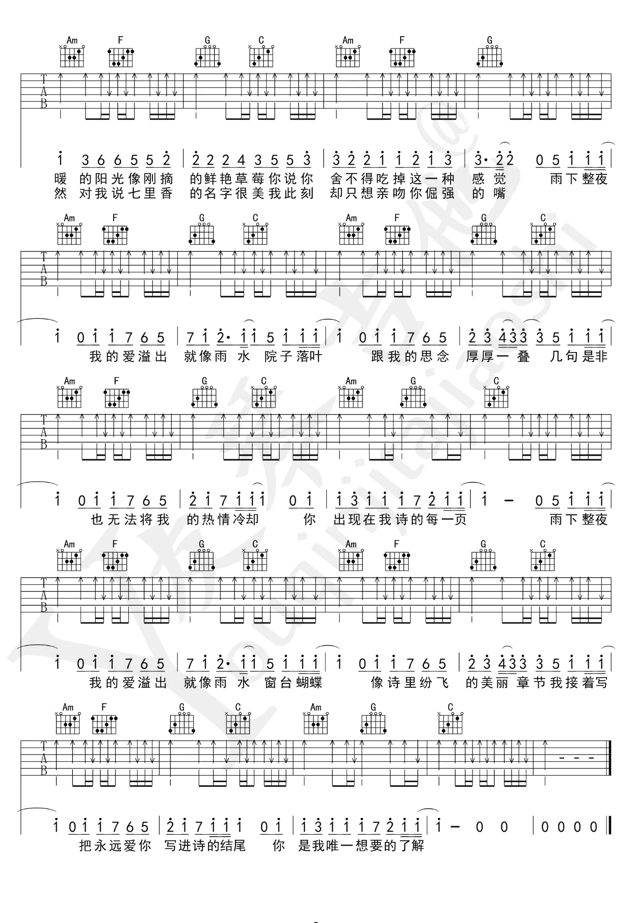 七里香吉他谱,原版周杰伦歌曲,简单C调弹唱教学,友琴吉他版六线指弹简谱图