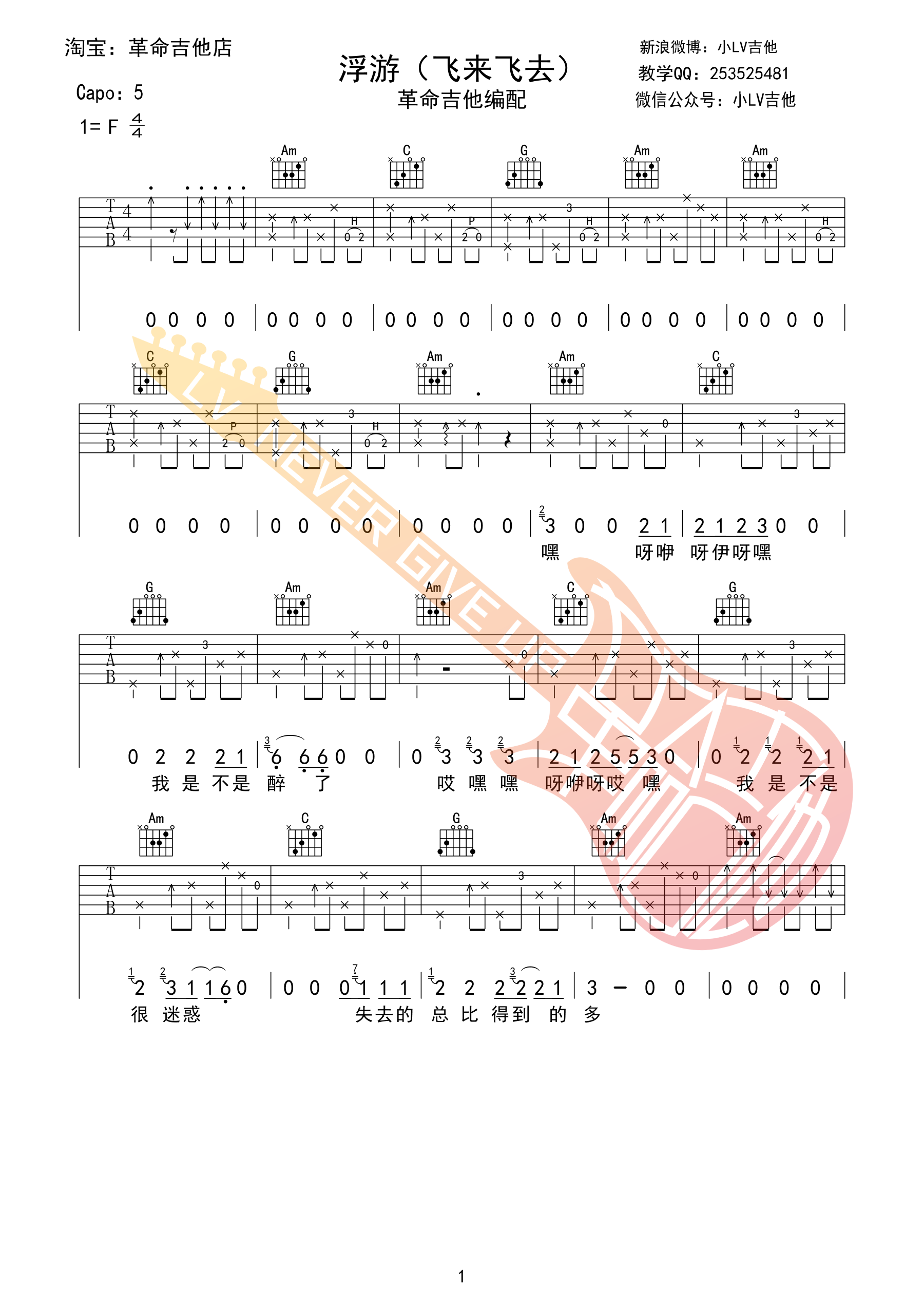 浮游吉他谱,原版赵雷歌曲,简单G调弹唱教学,革命吉他版六线指弹简谱图