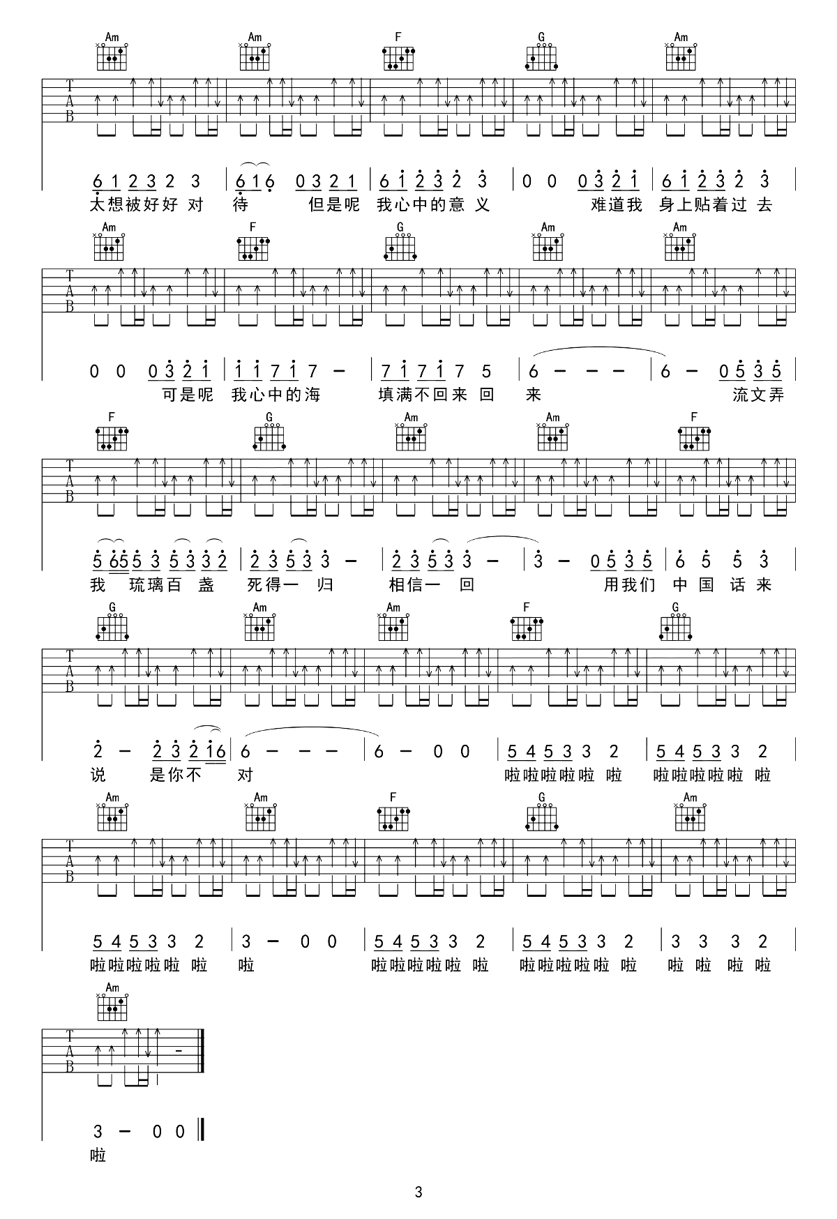 精卫吉他谱,30年前5歌曲,G调简单指弹教学简谱,革命吉他六线谱图片
