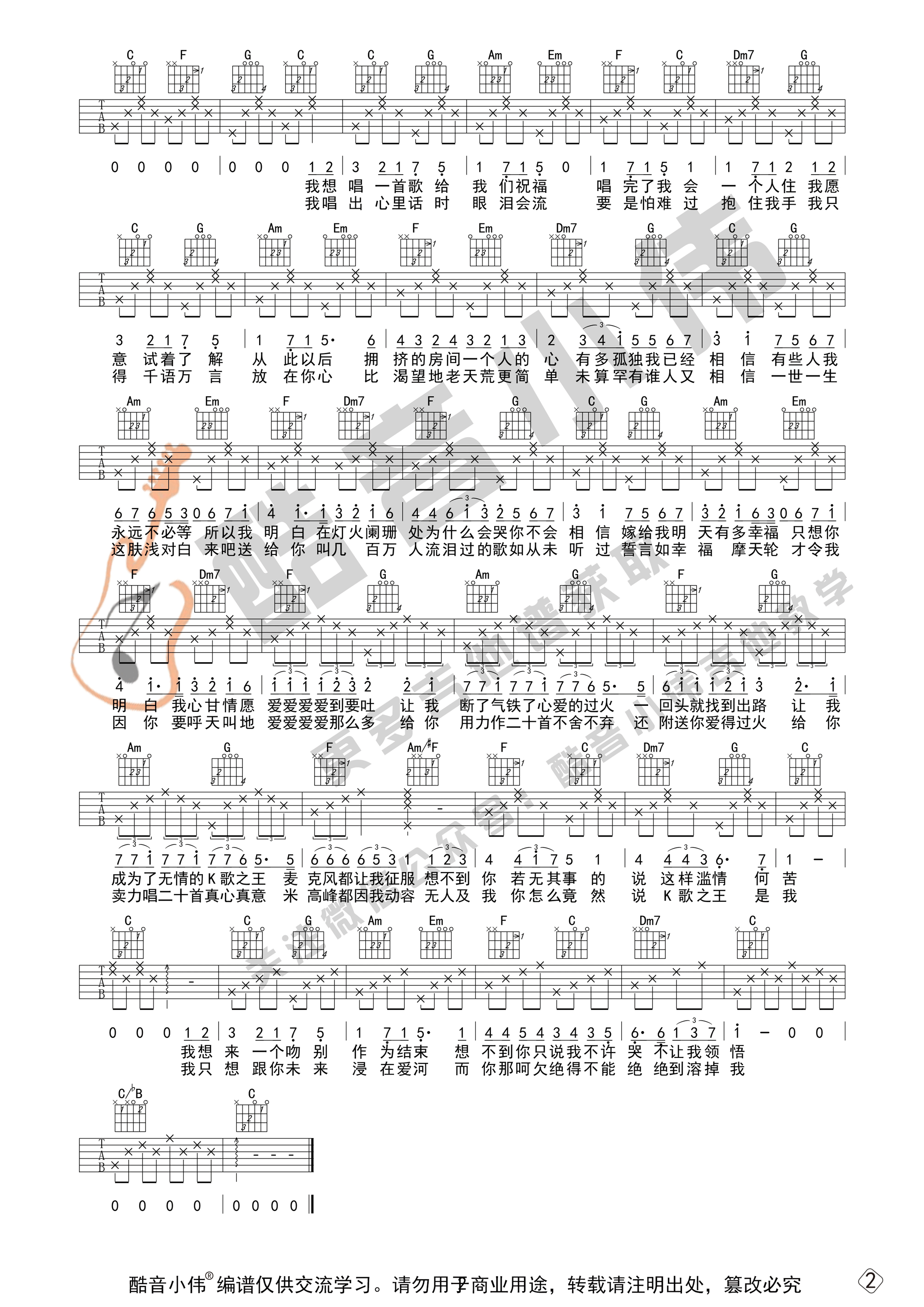 K歌之王吉他谱,原版陈奕迅歌曲,简单C调弹唱教学,酷音小伟版六线指弹简谱图