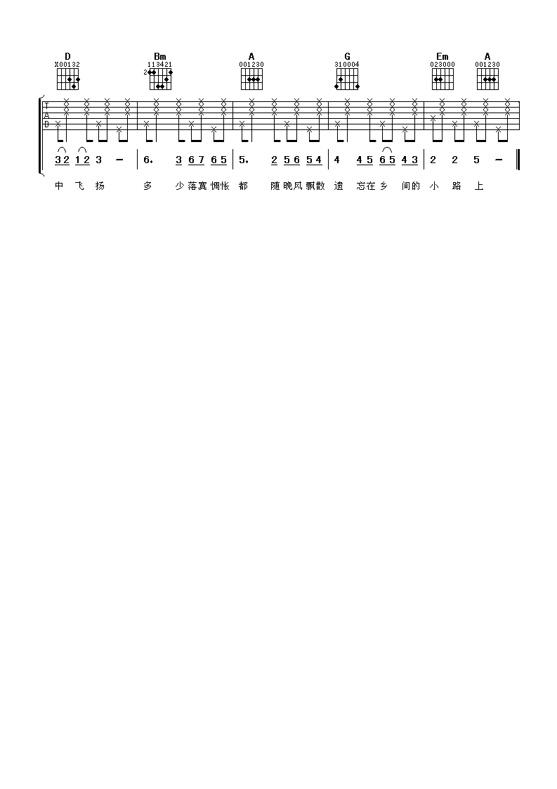 乡间小路吉他谱,原版张清芳歌曲,简单D调弹唱教学,阿潘音乐工场版六线指弹简谱图
