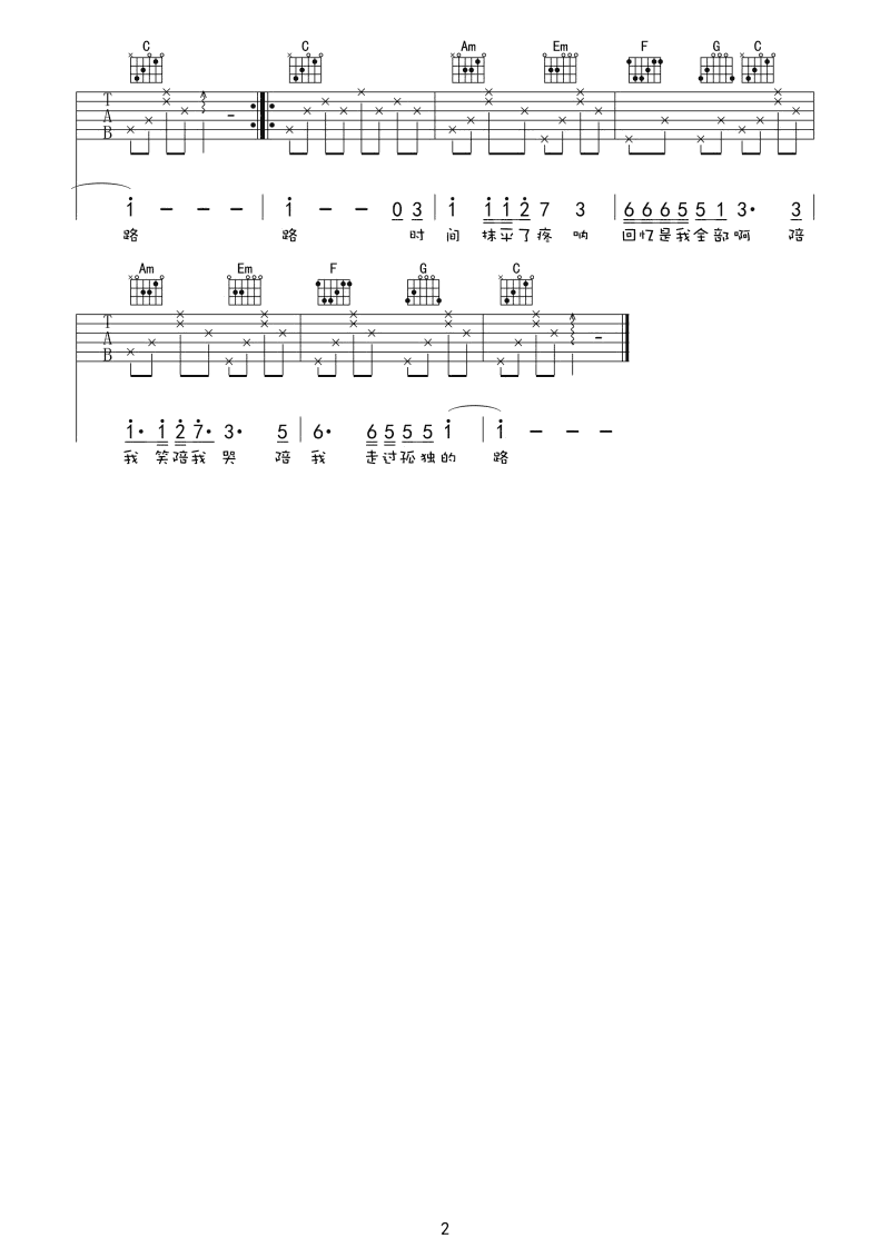 我想念的她吉他谱,原版哓Z歌曲,简单C调弹唱教学,网络转载版六线指弹简谱图