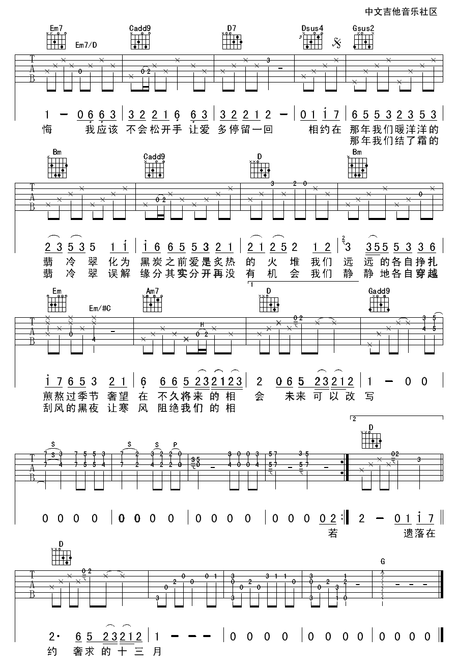 我们的翡冷翠吉他谱,原版周传雄歌曲,简单G调弹唱教学,中文吉他音乐社区版六线指弹简谱图