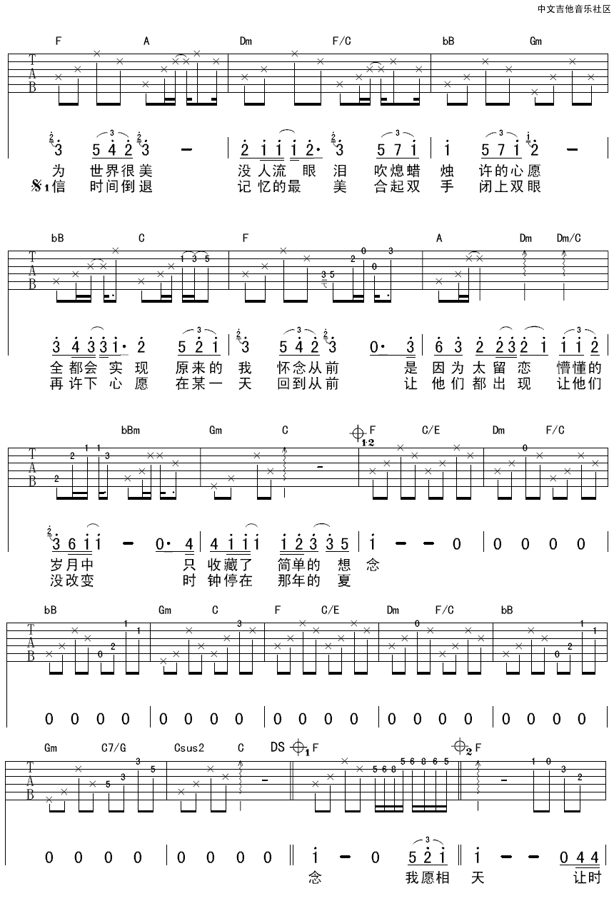 那年夏天吉他谱,原版许飞歌曲,简单F调弹唱教学,延麟版六线指弹简谱图