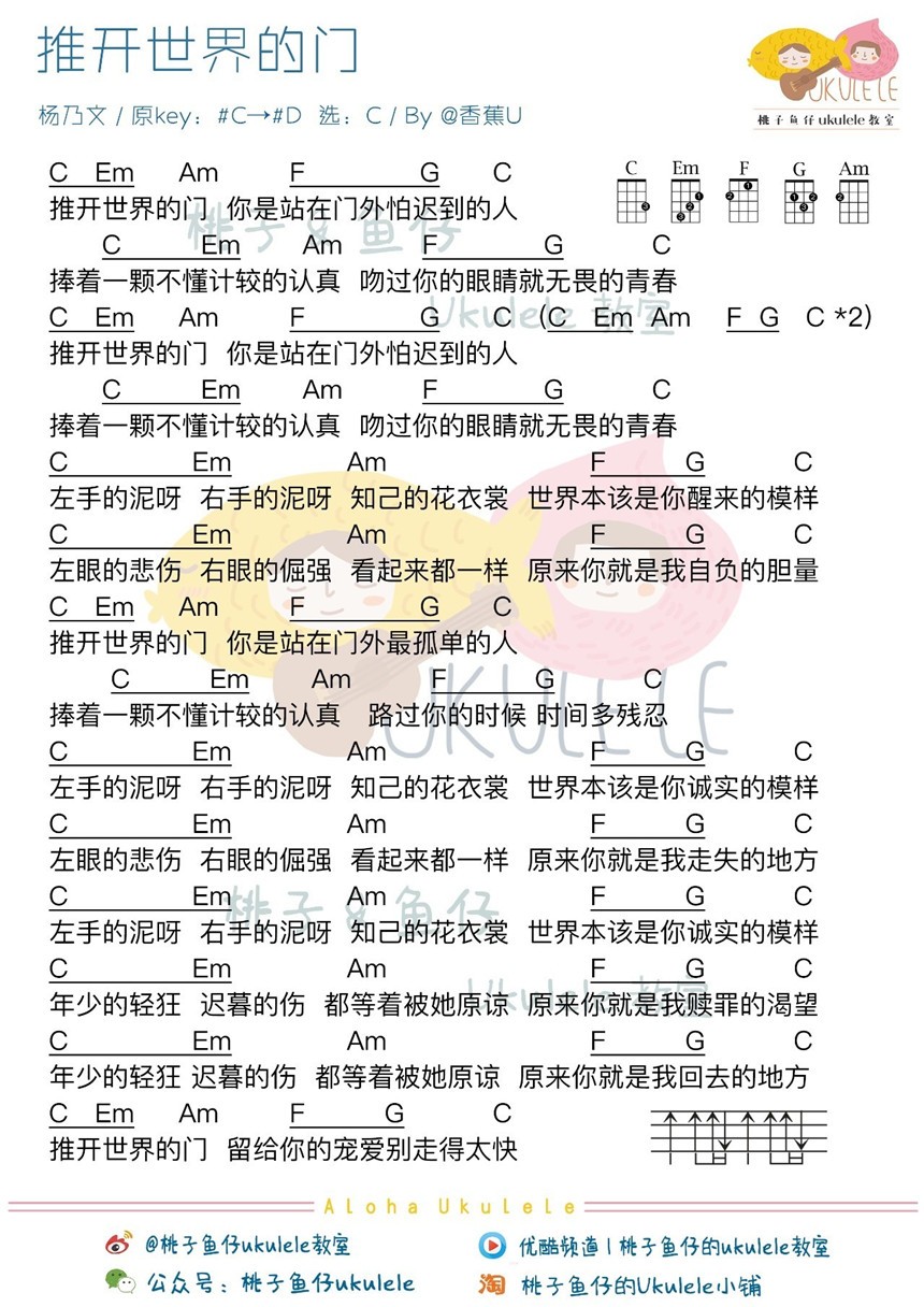 推开世界的门吉他谱,原版杨乃文歌曲,简单C调弹唱教学,桃子鱼仔版六线指弹简谱图