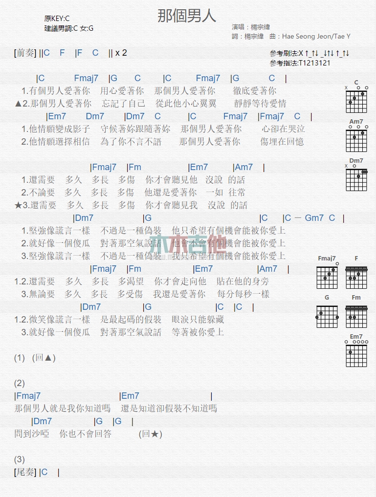 那个男人吉他谱,原版杨宗纬歌曲,简单C调弹唱教学,木木吉他版六线指弹简谱图