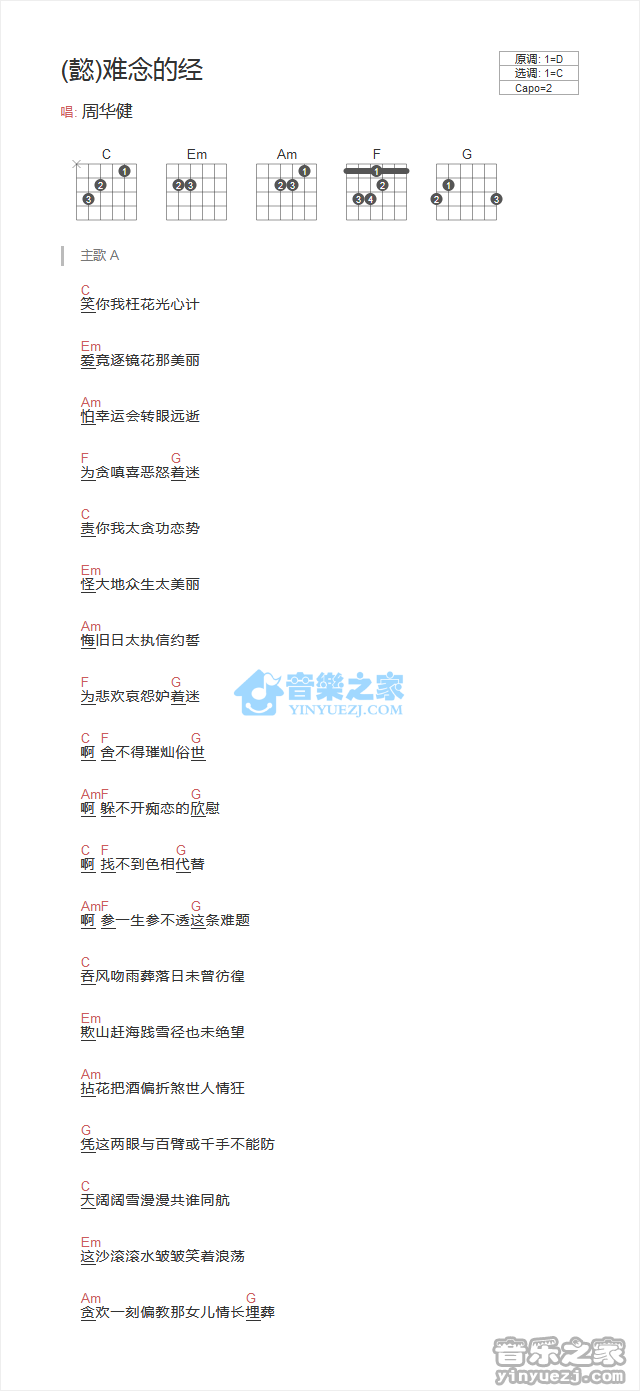 难念的经吉他谱,原版周华健歌曲,简单C调弹唱教学,音乐之家版六线指弹简谱图