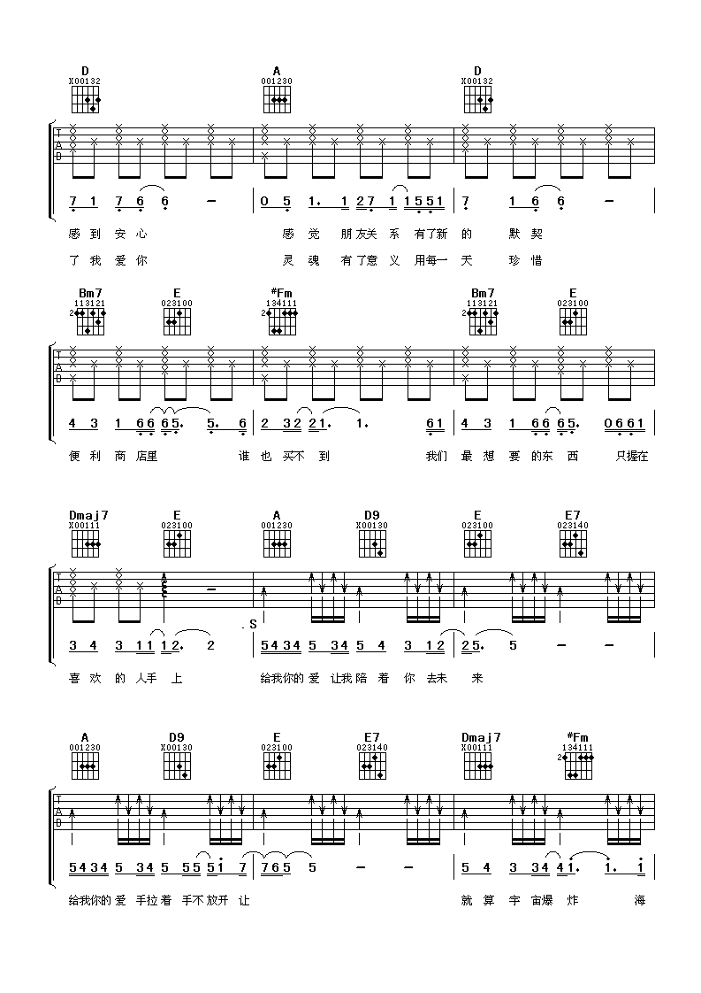 给我你的爱吉他谱,原版tank歌曲,简单A调弹唱教学,阿潘音乐工场版六线指弹简谱图