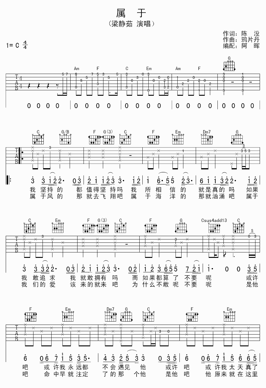 属于吉他谱,原版梁静茹歌曲,简单C调弹唱教学,阿晖版六线指弹简谱图