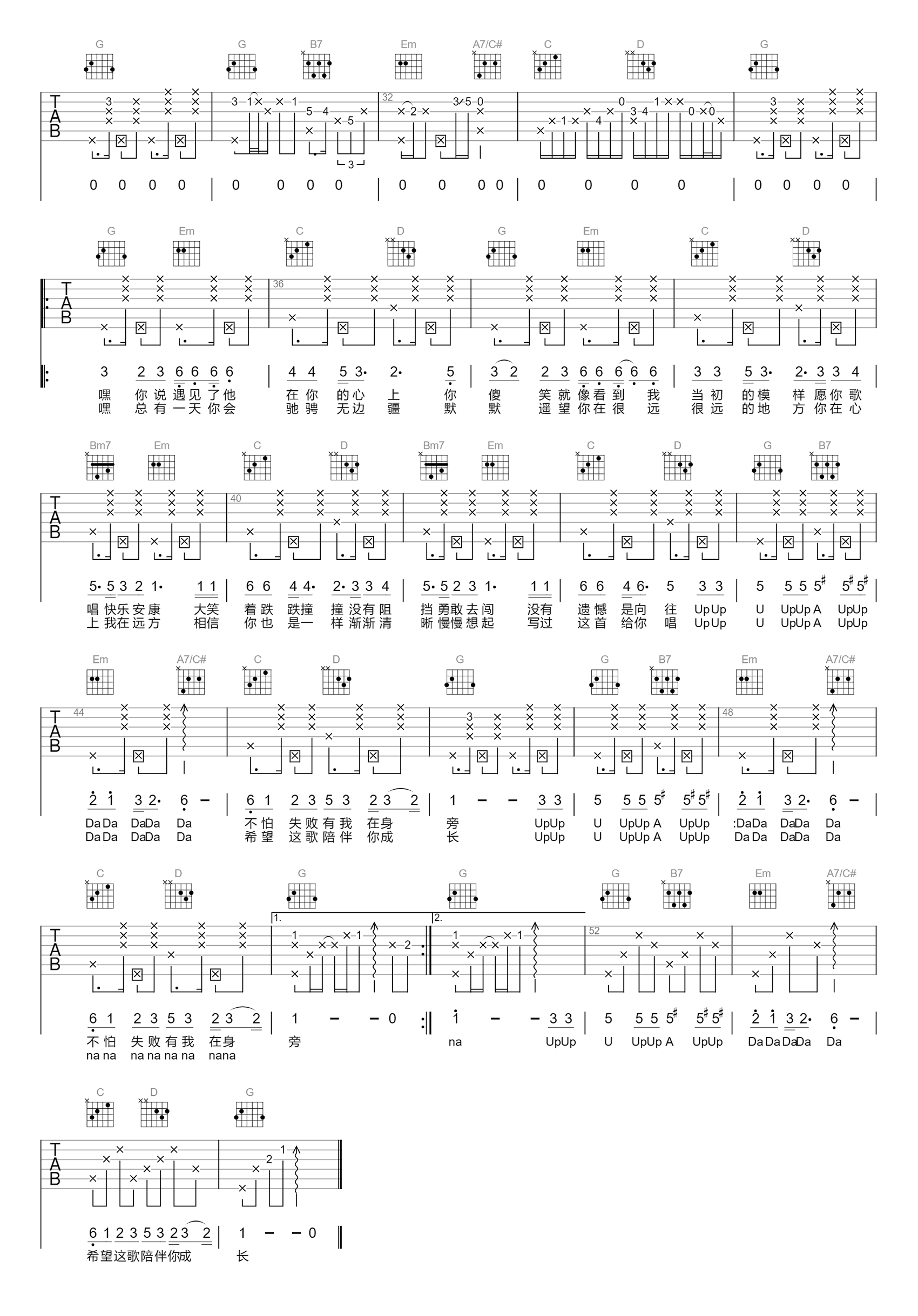 Upupu吉他谱,小皮皮爱习题歌曲,G调简单指弹教学简谱,浪淘沙六线谱图片