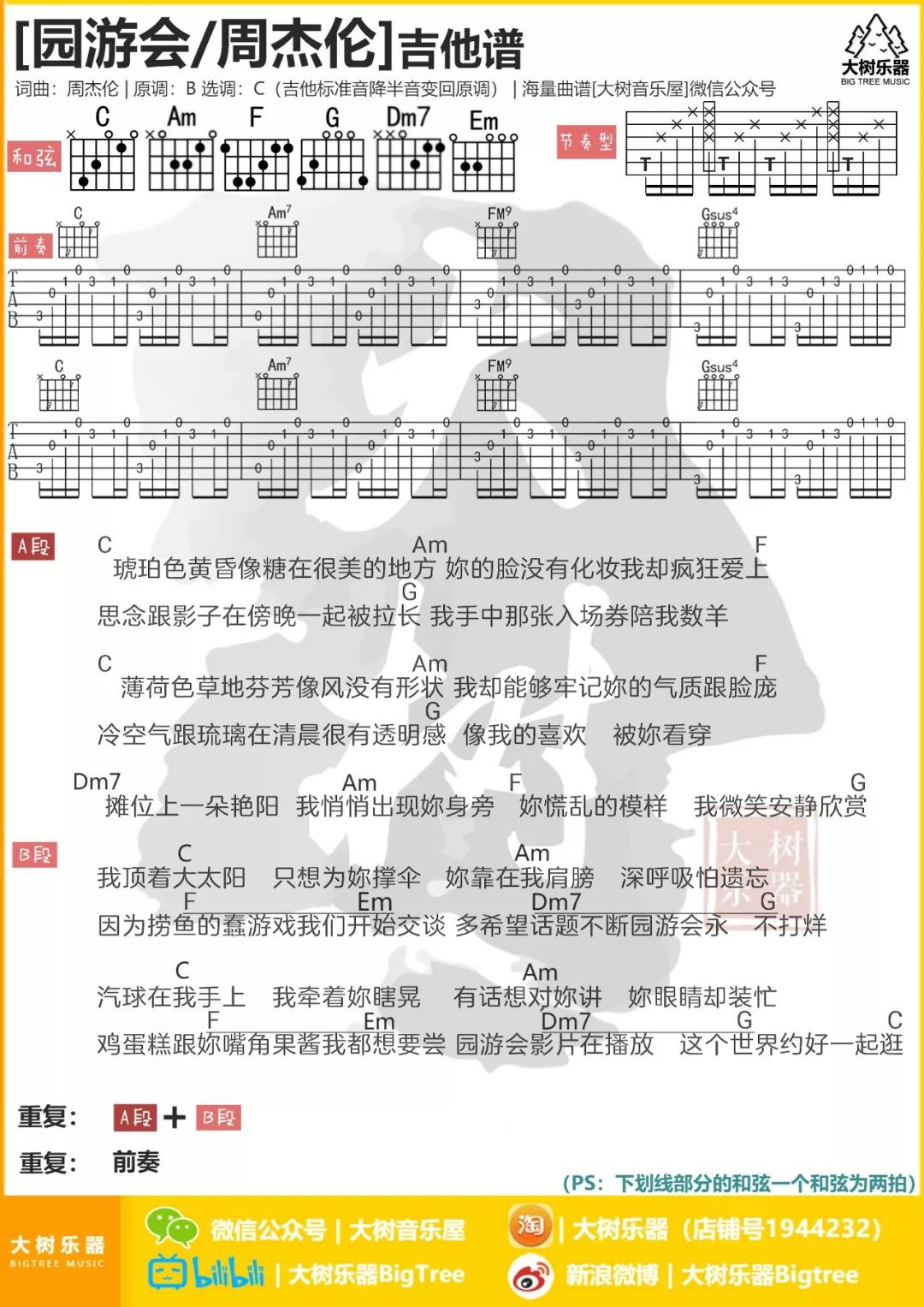 园游会吉他谱,原版周杰伦歌曲,简单C调弹唱教学,大树音乐屋版六线指弹简谱图