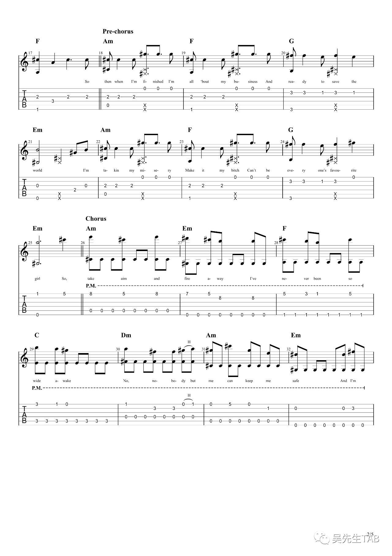 ontheway吉他谱,原版AlanWalker歌曲,简单C调弹唱教学,吴先生版六线指弹简谱图