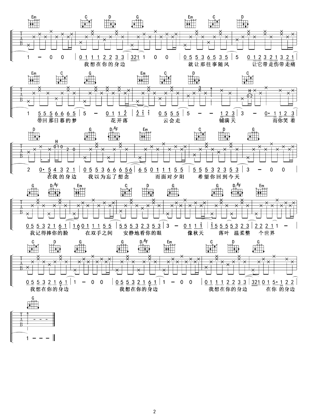 在你的身边吉他谱,盛哲歌曲,G调简单指弹教学简谱,吴先生TAB六线谱图片
