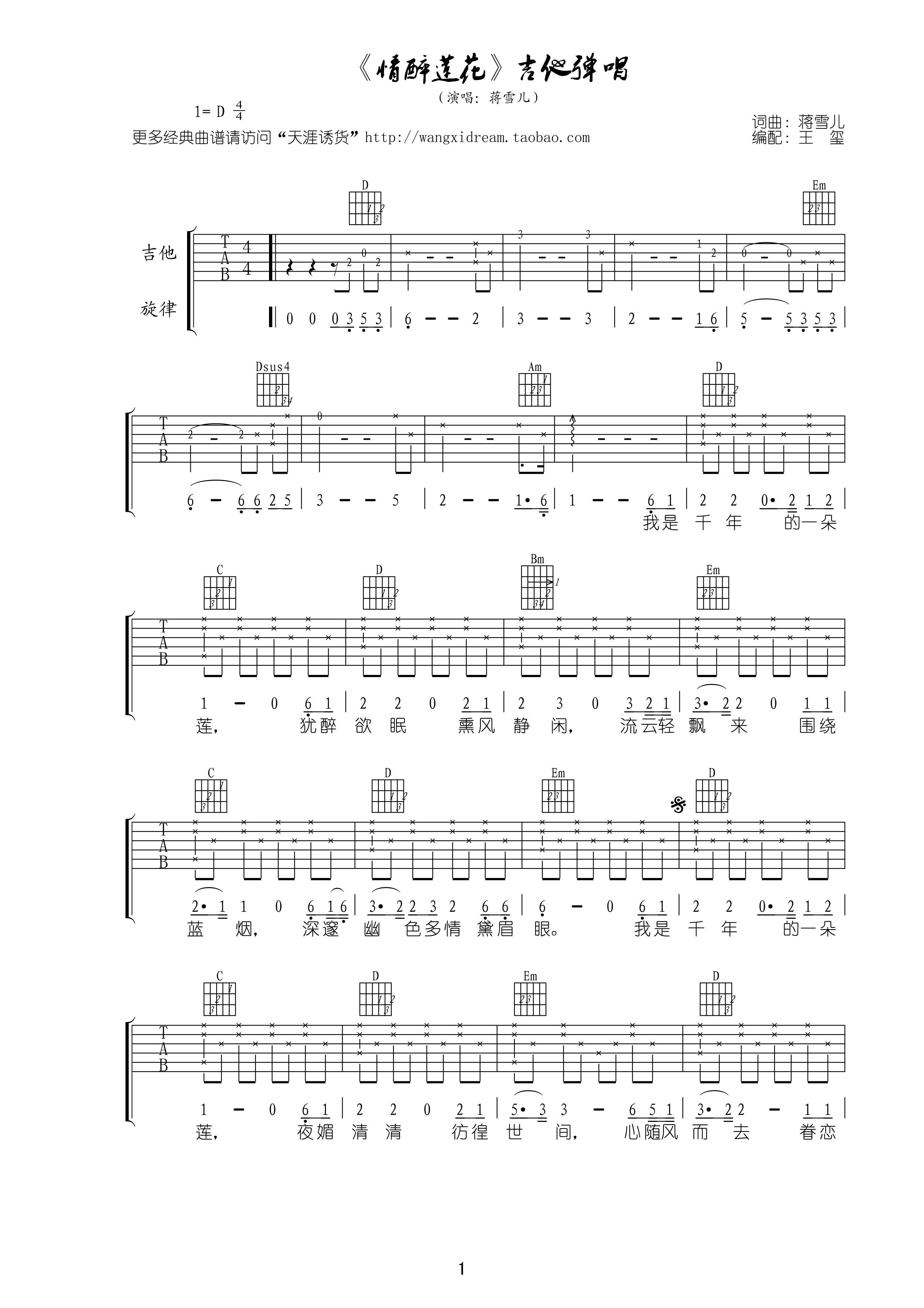 情醉莲花吉他谱,原版蒋雪儿歌曲,简单D调弹唱教学,王玺版六线指弹简谱图