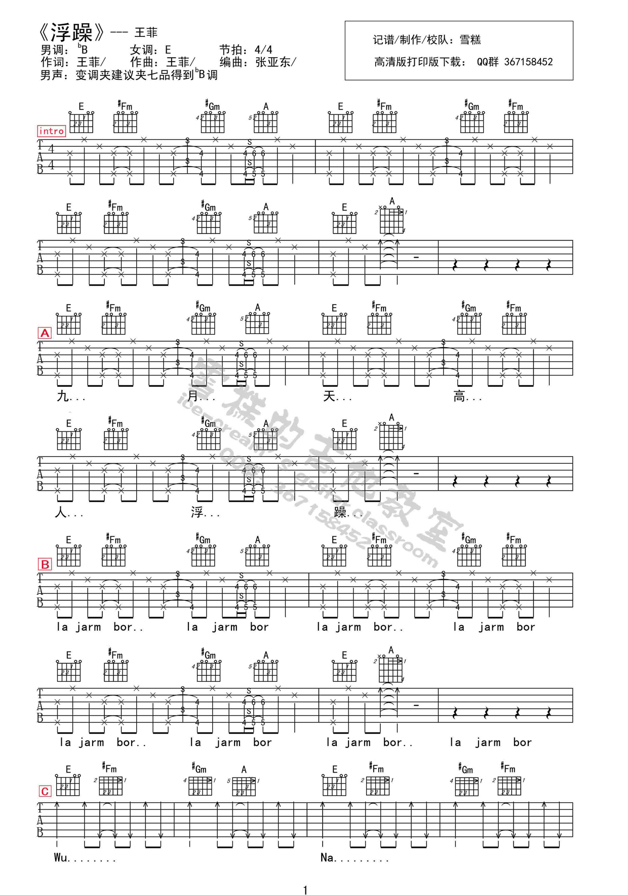 浮躁吉他谱,原版王菲歌曲,简单E调弹唱教学,网络转载版六线指弹简谱图