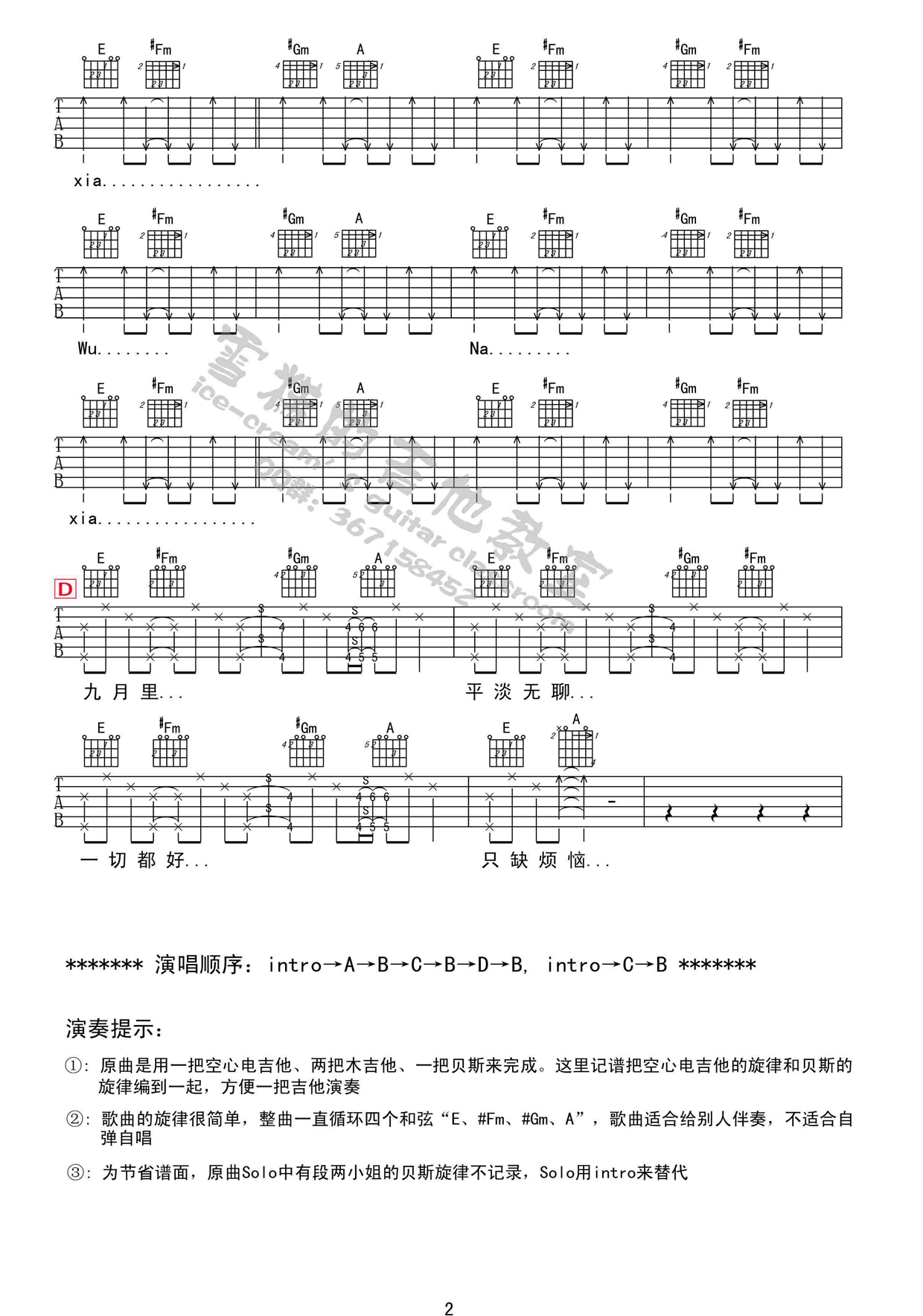 浮躁吉他谱,原版王菲歌曲,简单E调弹唱教学,网络转载版六线指弹简谱图