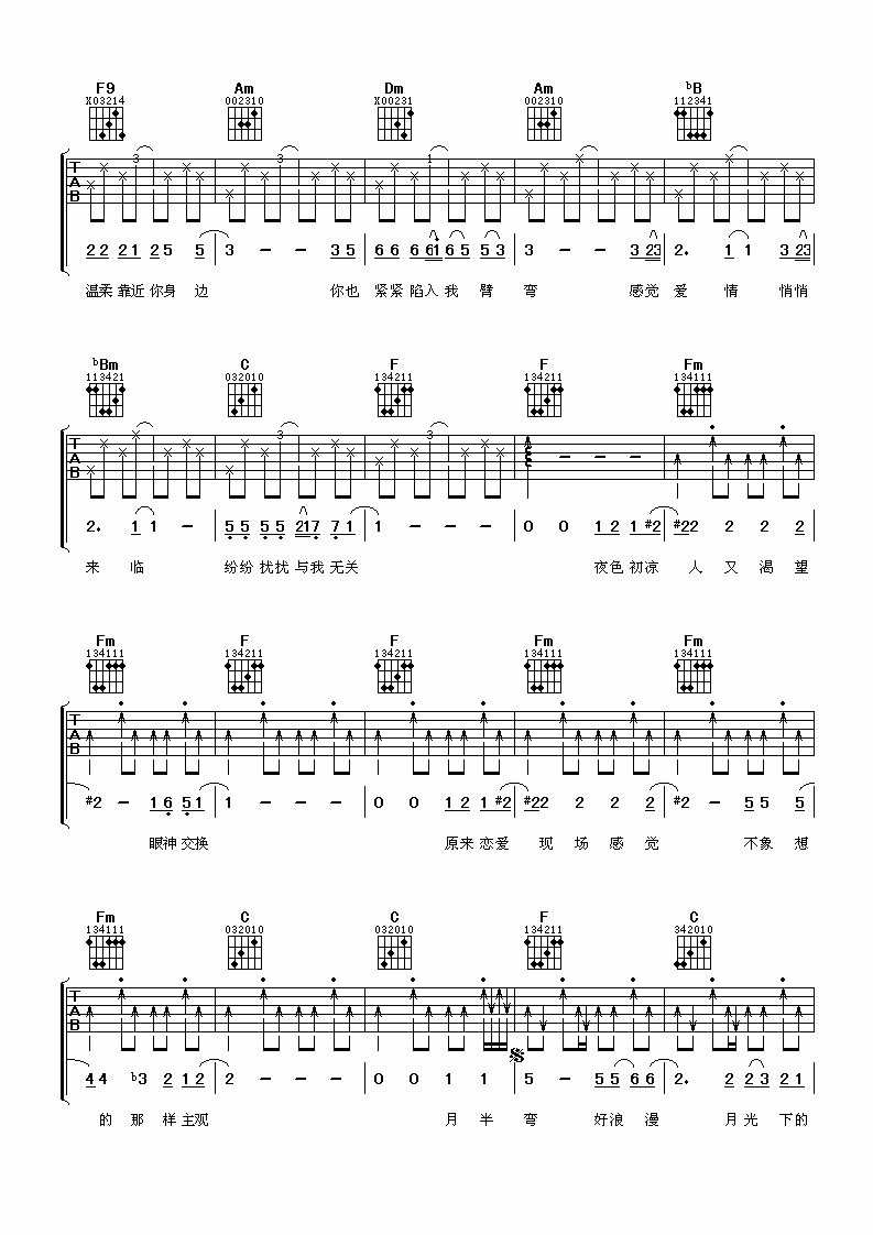 月半弯吉他谱,原版陈坤歌曲,简单F调弹唱教学,阿潘音乐工场版六线指弹简谱图