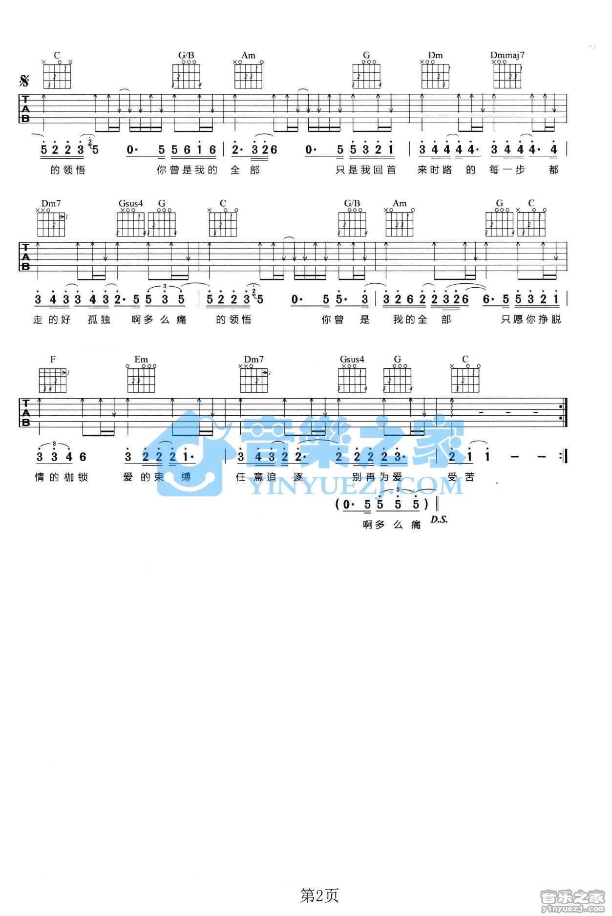 领悟吉他谱,原版辛晓琪歌曲,简单C调弹唱教学,音乐之家版六线指弹简谱图