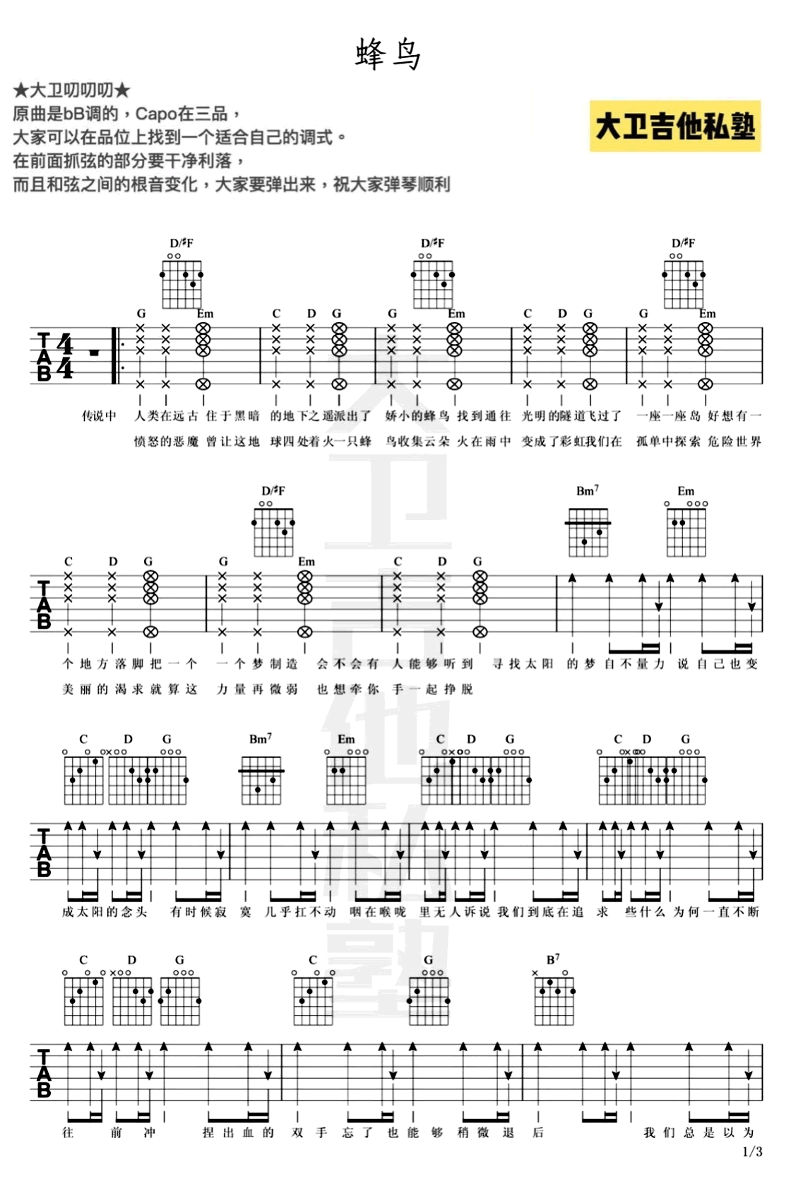 蜂鸟吉他谱,原版吴青峰歌曲,简单B调弹唱教学,大卫吉他私垫版六线指弹简谱图
