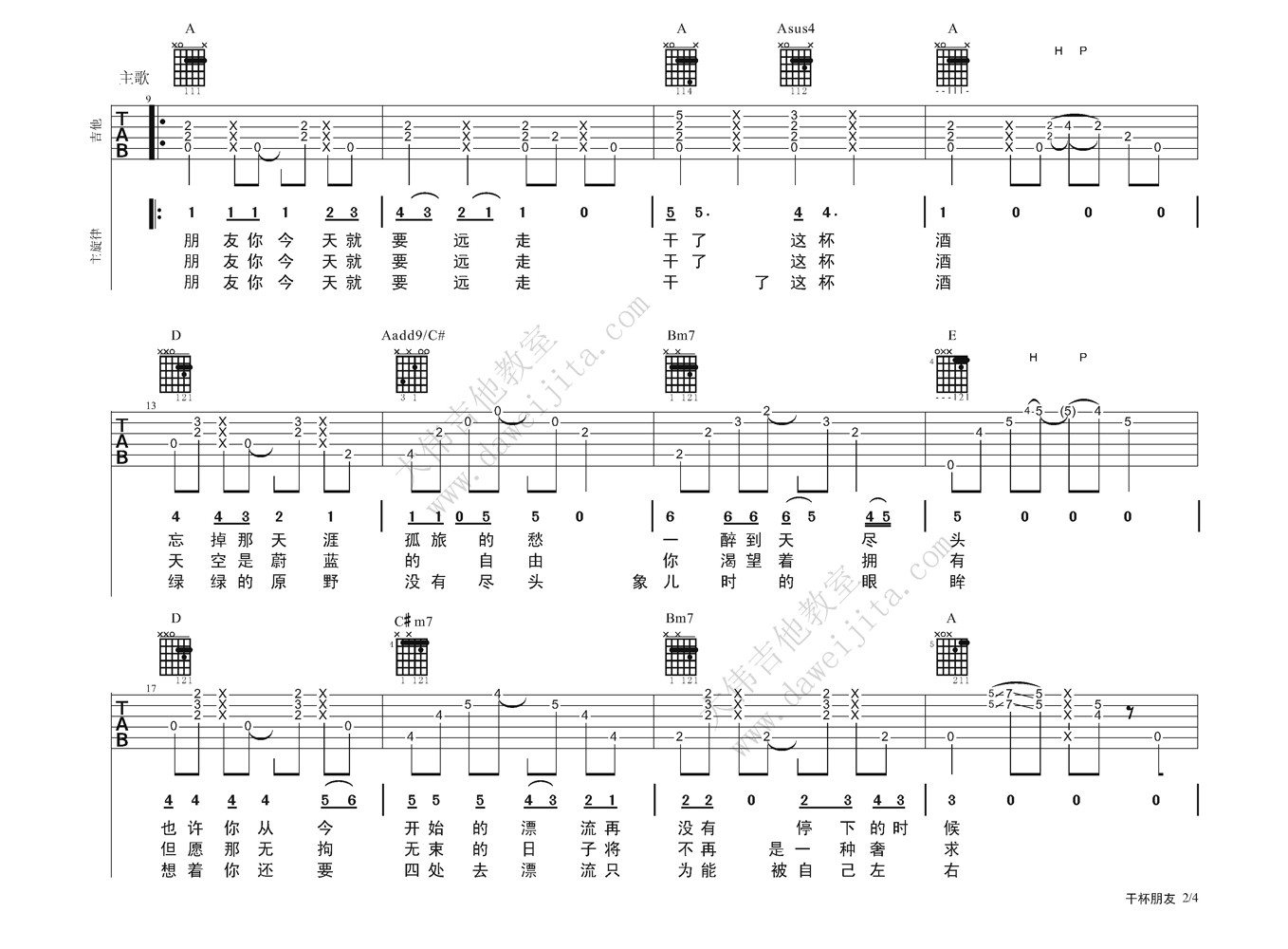 干杯朋友吉他谱,原版田震歌曲,简单A调弹唱教学,大伟吉他教室版六线指弹简谱图