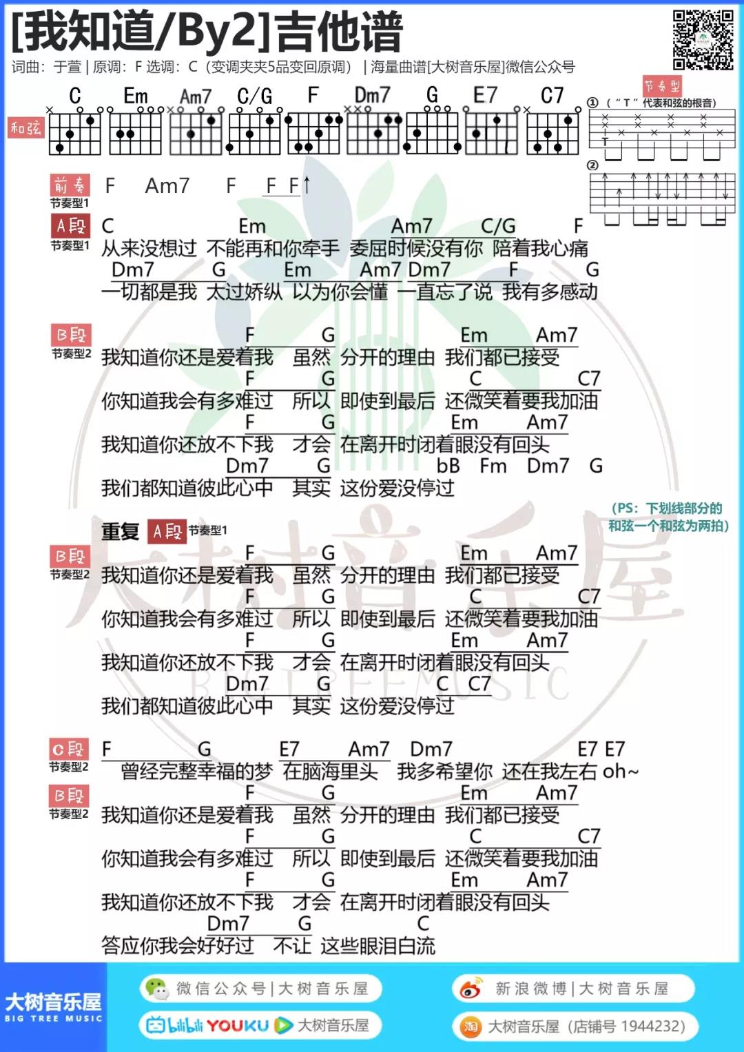 我知道吉他谱,原版BY2歌曲,简单C调弹唱教学,大树音乐屋版六线指弹简谱图