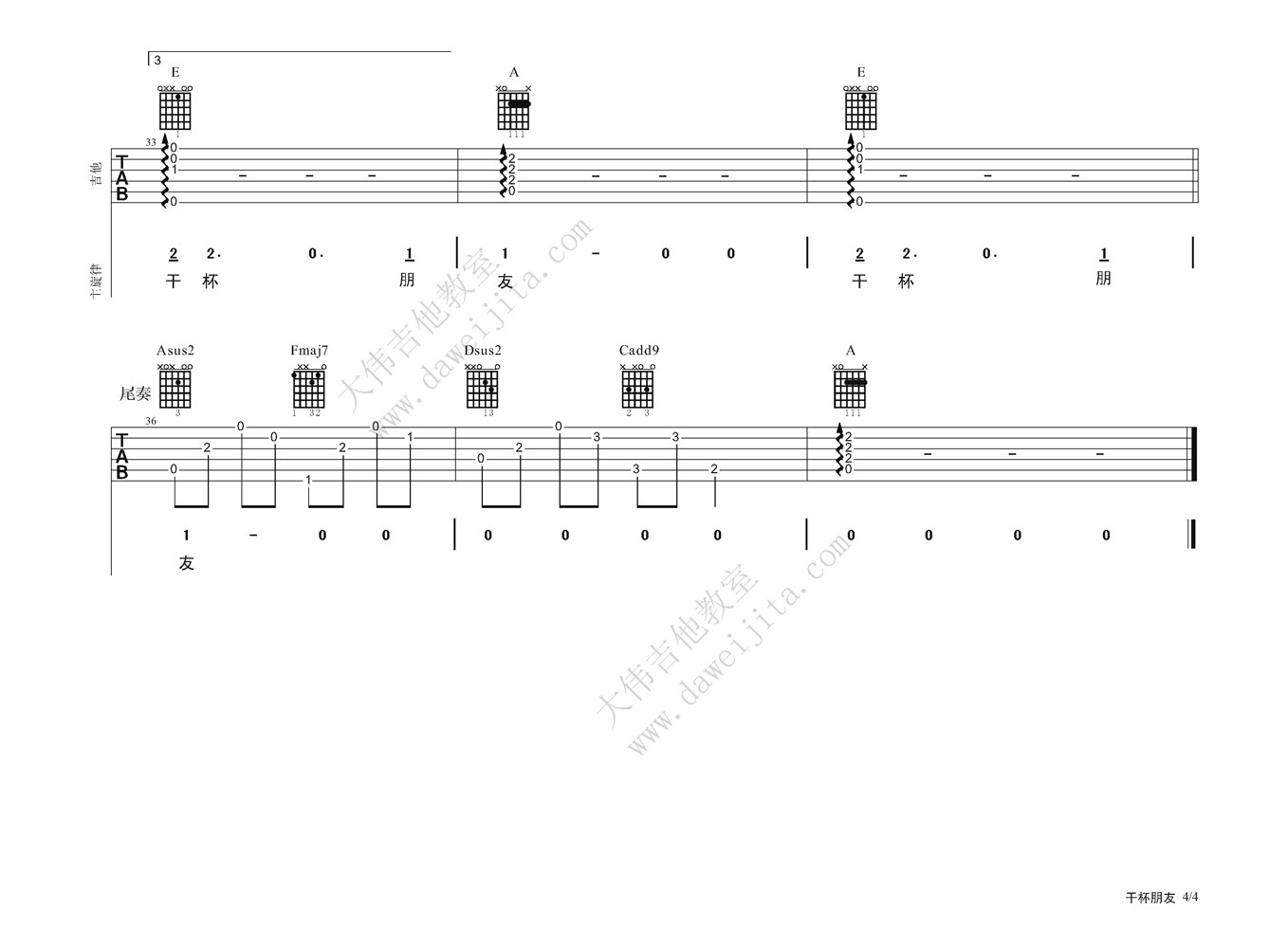 干杯朋友吉他谱,原版田震歌曲,简单A调弹唱教学,大伟吉他教室版六线指弹简谱图