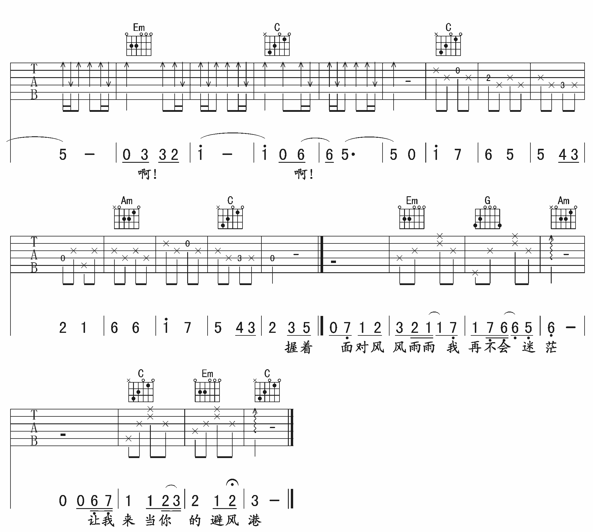 避风港吉他谱,原版冯曦妤歌曲,简单E调弹唱教学,午夜版六线指弹简谱图