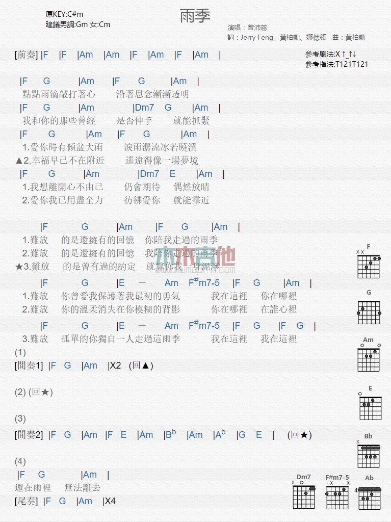 雨季吉他谱,原版曾沛慈歌曲,简单G调弹唱教学,木木吉他版六线指弹简谱图