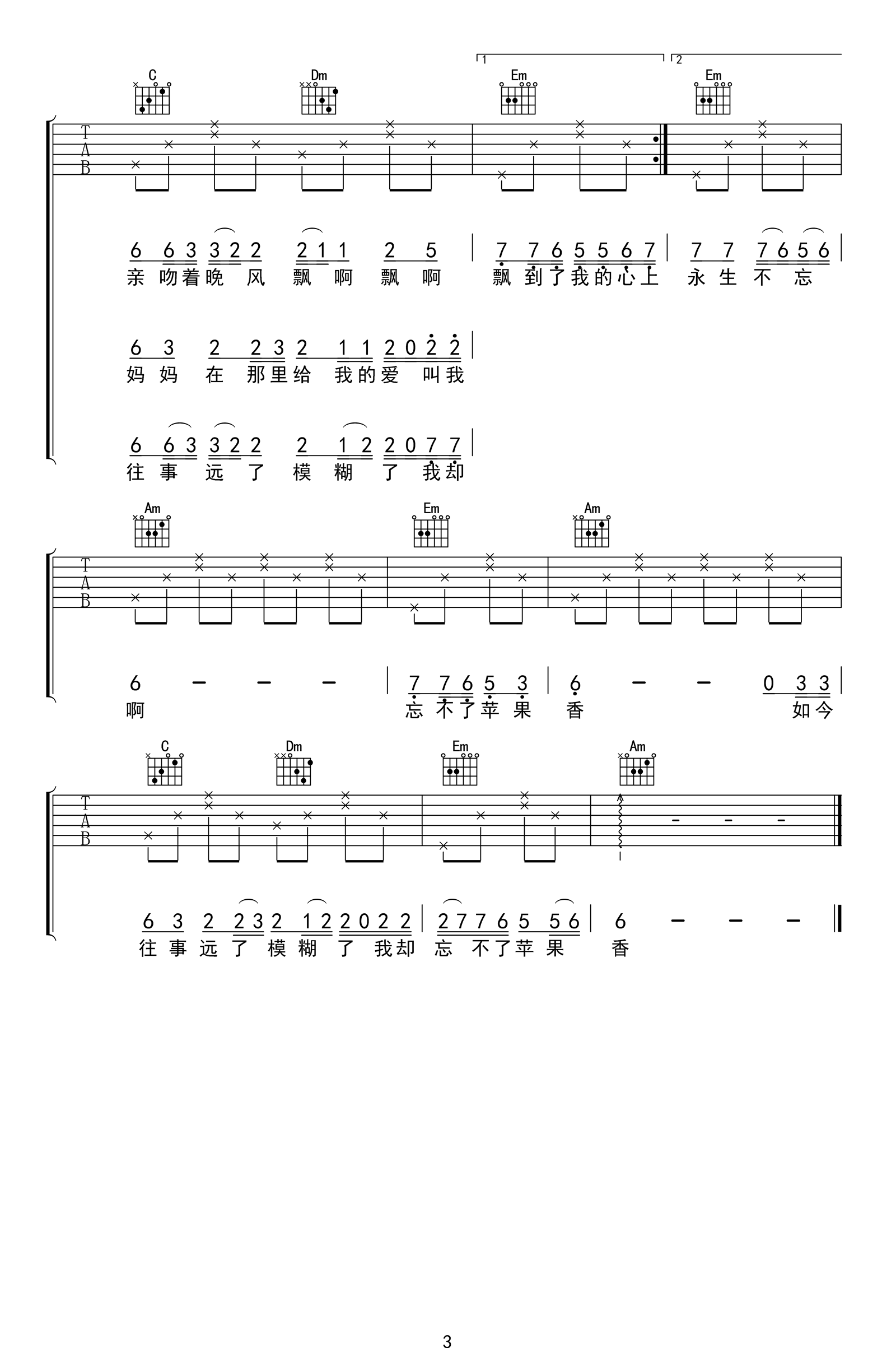 苹果香吉他谱,狼戈歌曲,C调简单指弹教学简谱,陈富丽六线谱图片