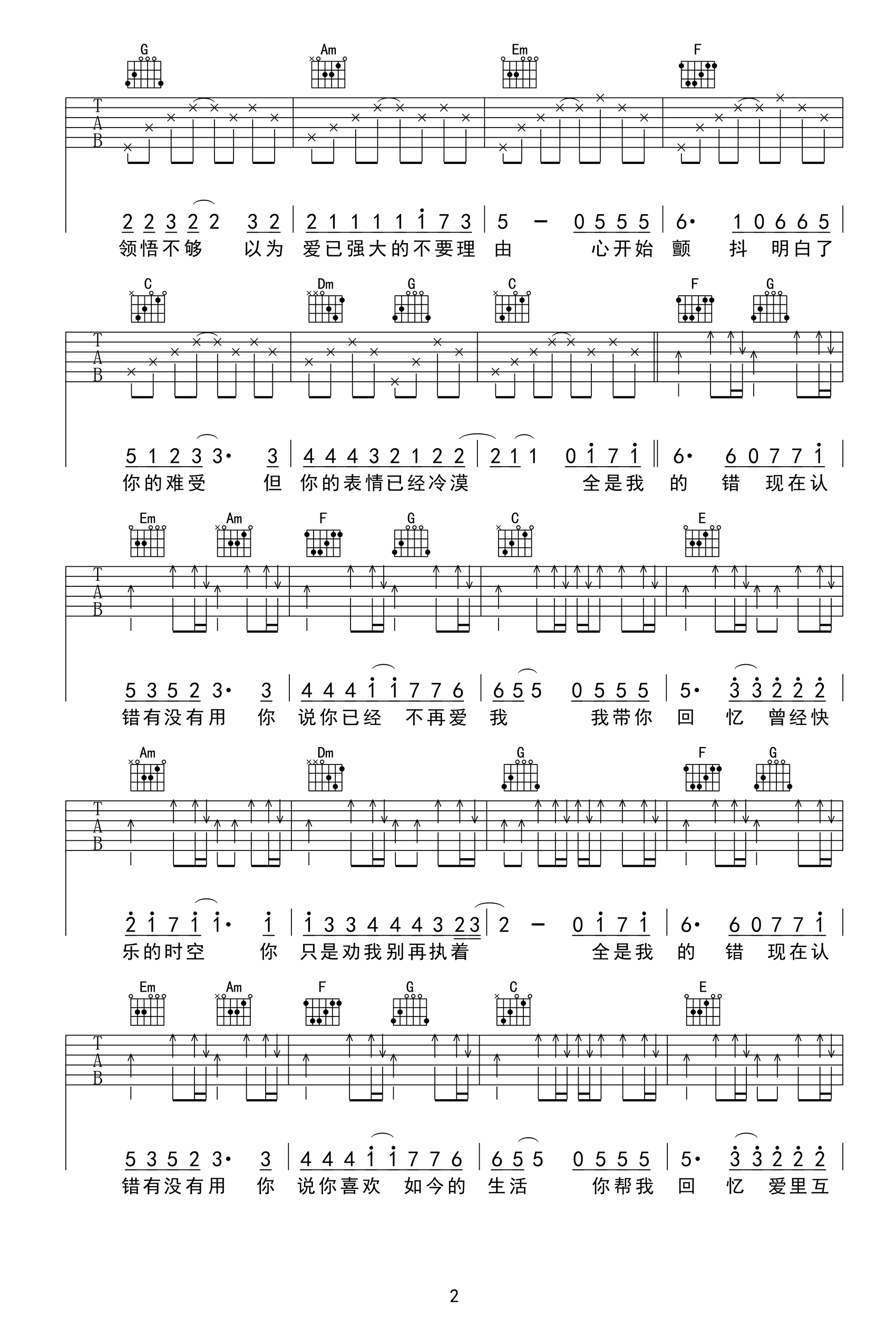 许嵩《认错》吉他谱,许嵩歌曲,C调简单指弹教学简谱,山山吉他六线谱图片