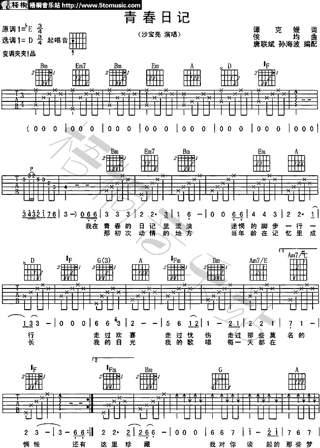 青春日记吉他谱,原版沙宝亮歌曲,简单D调弹唱教学,梧桐音乐站版六线指弹简谱图