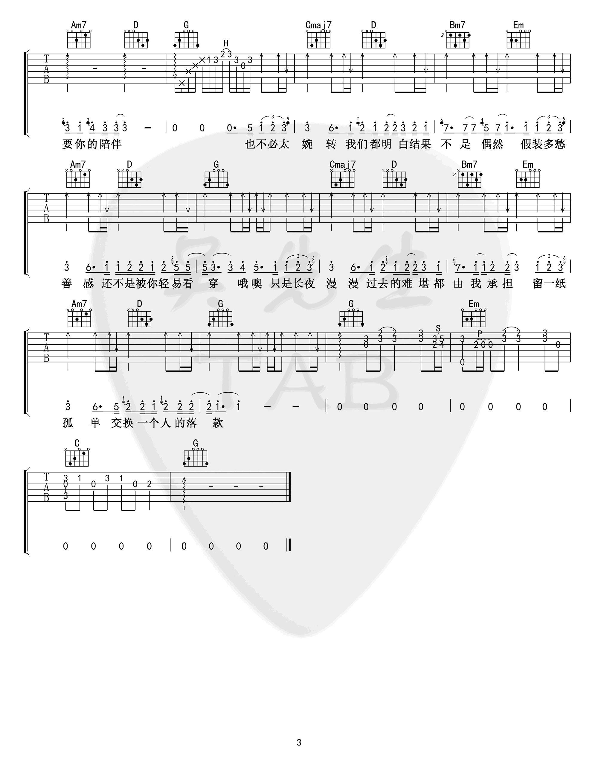 一人份晚餐吉他谱,原版ToddLi歌曲,简单B调弹唱教学,吴先生版六线指弹简谱图