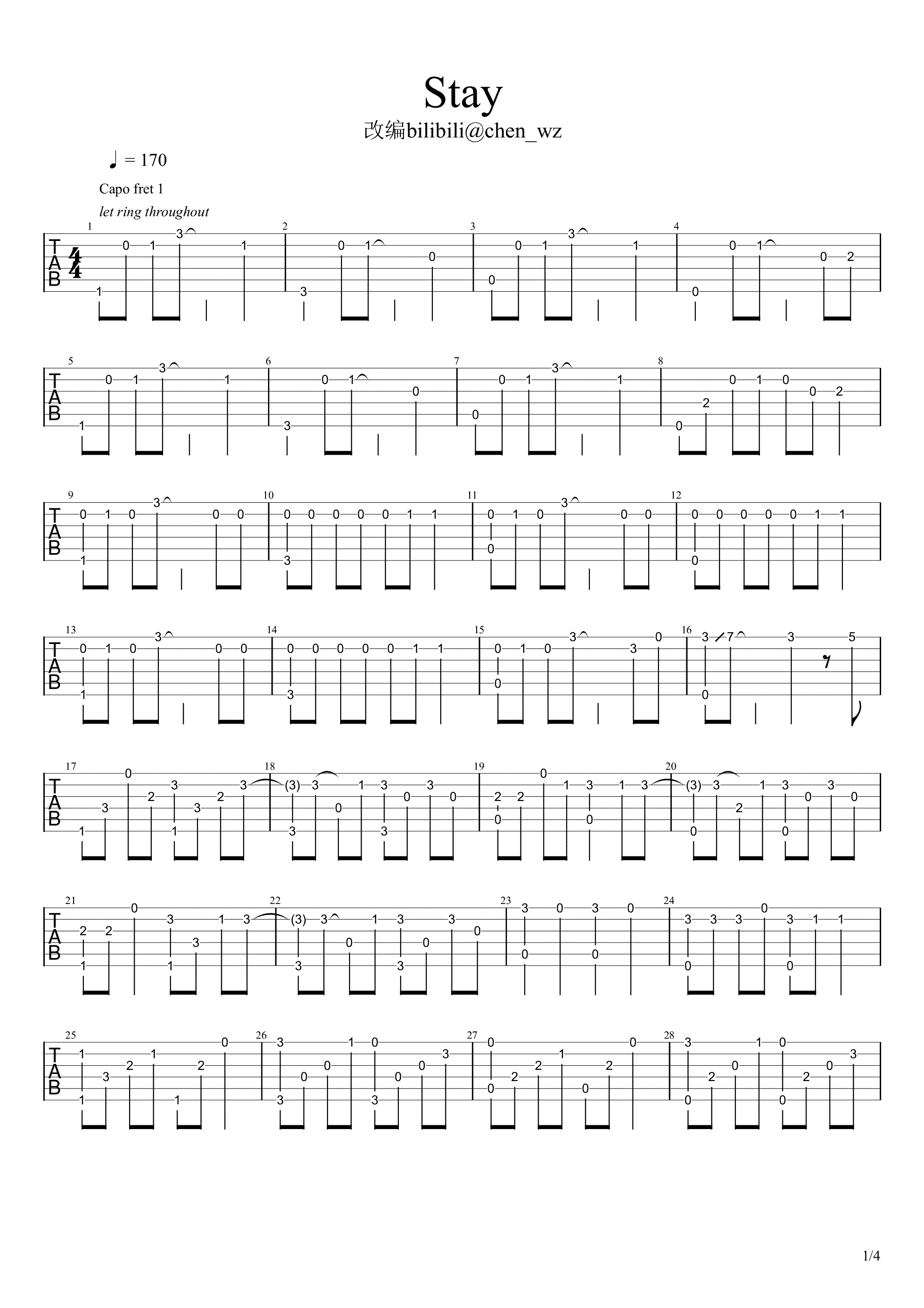 Stay指弹谱,作贾斯丁比伯歌曲,简单指弹教学简谱,Chen_wz六线谱图片