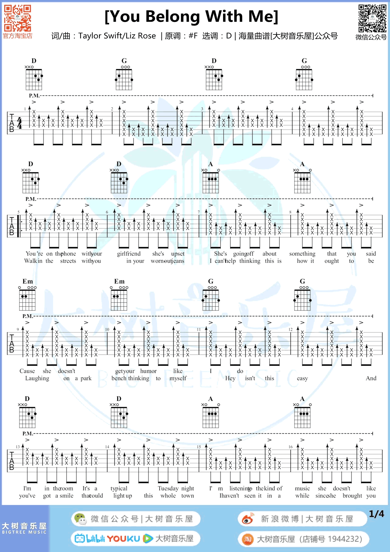 YouBelong,Taylo歌曲,D调简单指弹教学简谱,大树音乐屋六线谱图片