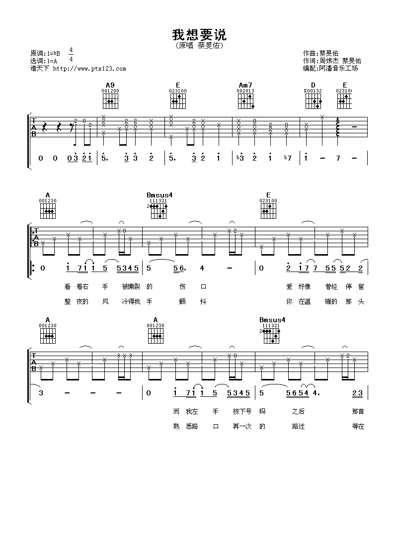 我想要说吉他谱,原版蔡旻佑歌曲,简单A调弹唱教学,阿潘音乐工场版六线指弹简谱图