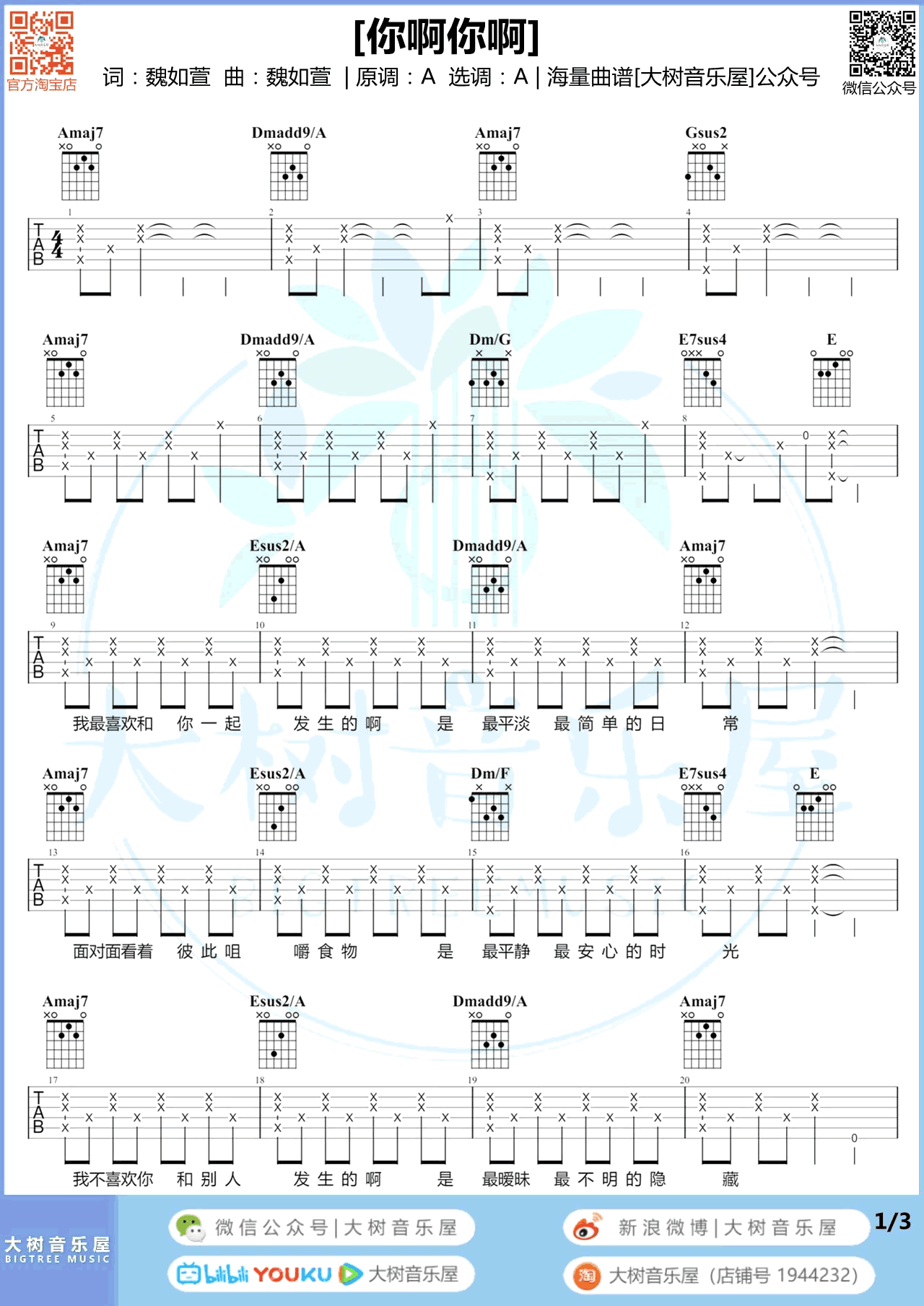 你啊你啊吉他谱,魏如萱歌曲,A调简单指弹教学简谱,大树音乐屋六线谱图片