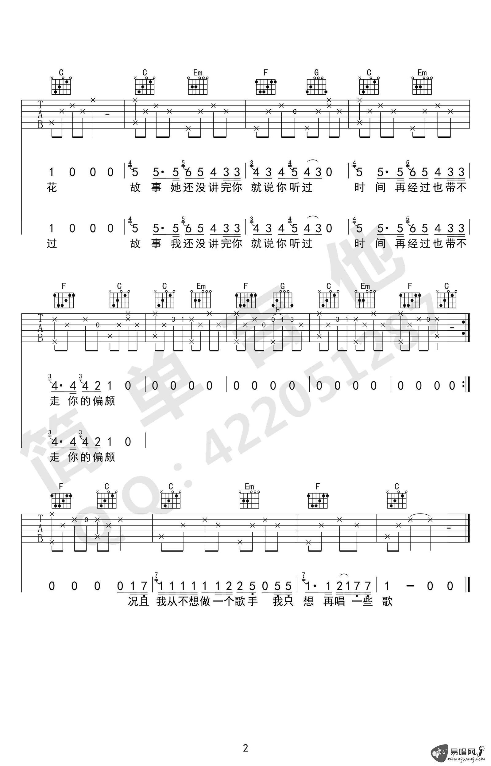 碌碌吉他谱,原版花粥歌曲,简单C调弹唱教学,简单吉他版六线指弹简谱图