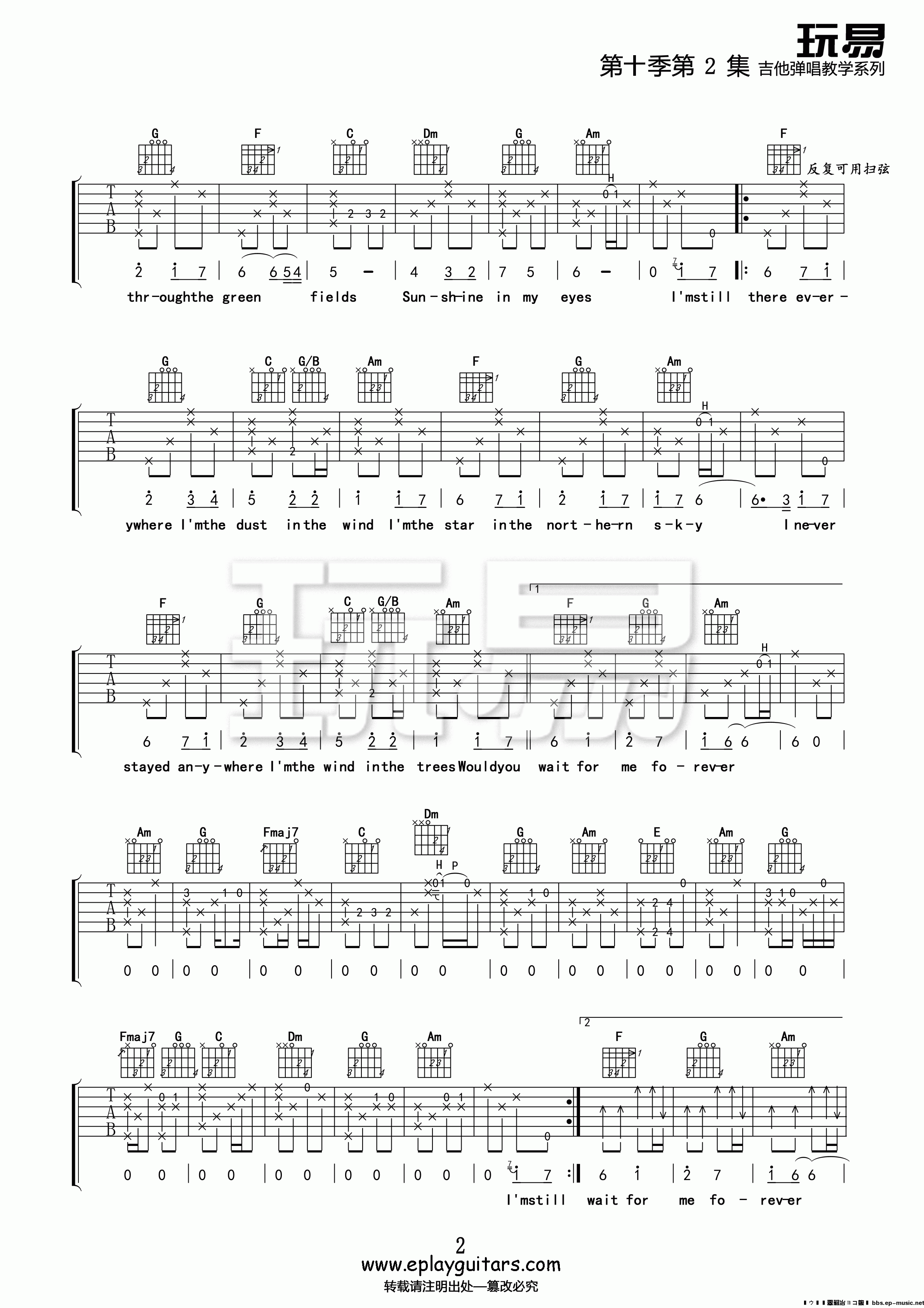 forever吉他谱,原版灵云乐队歌曲,简单C调弹唱教学,玩易吉他版六线指弹简谱图