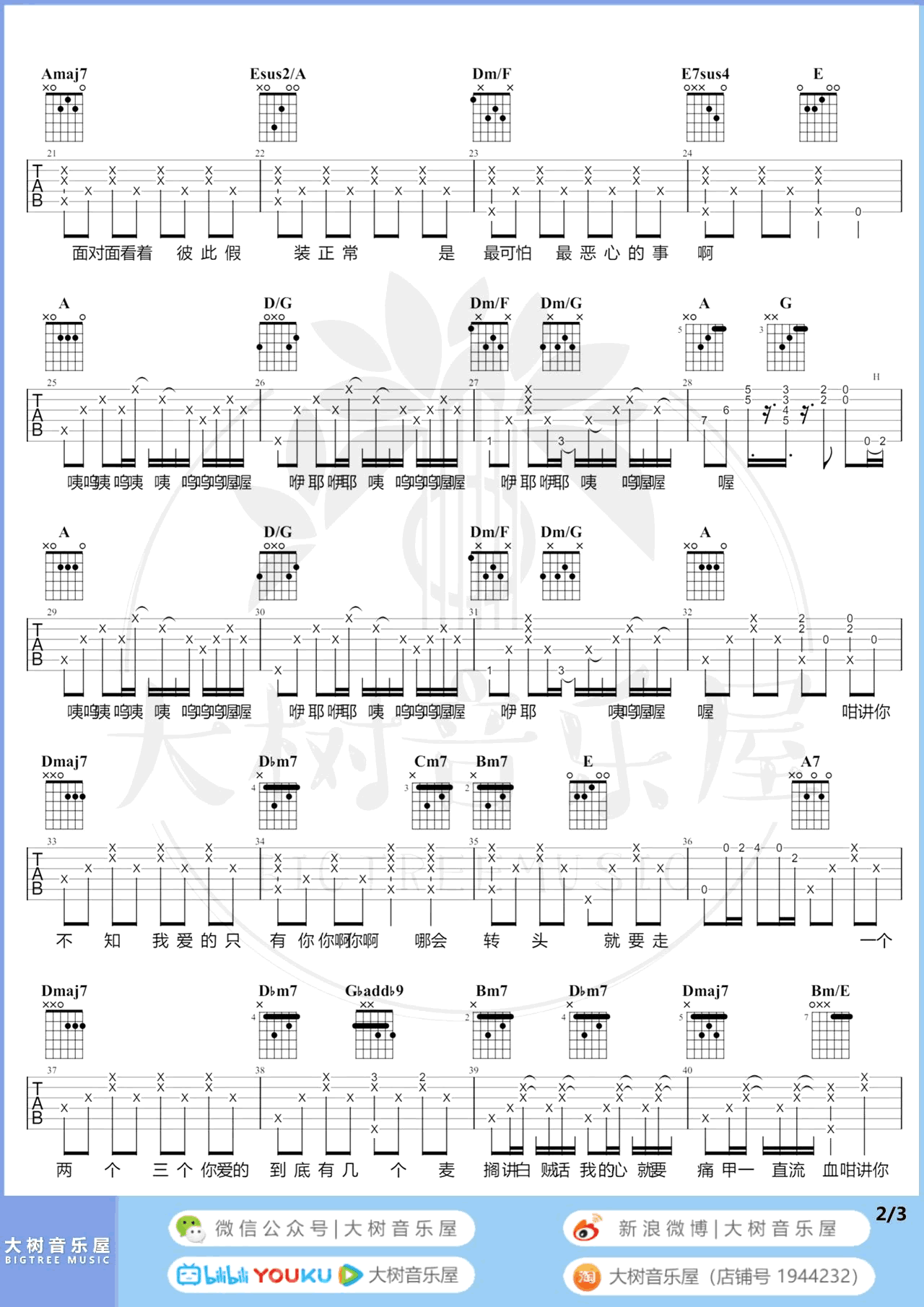 你啊你啊吉他谱,魏如萱歌曲,A调简单指弹教学简谱,大树音乐屋六线谱图片