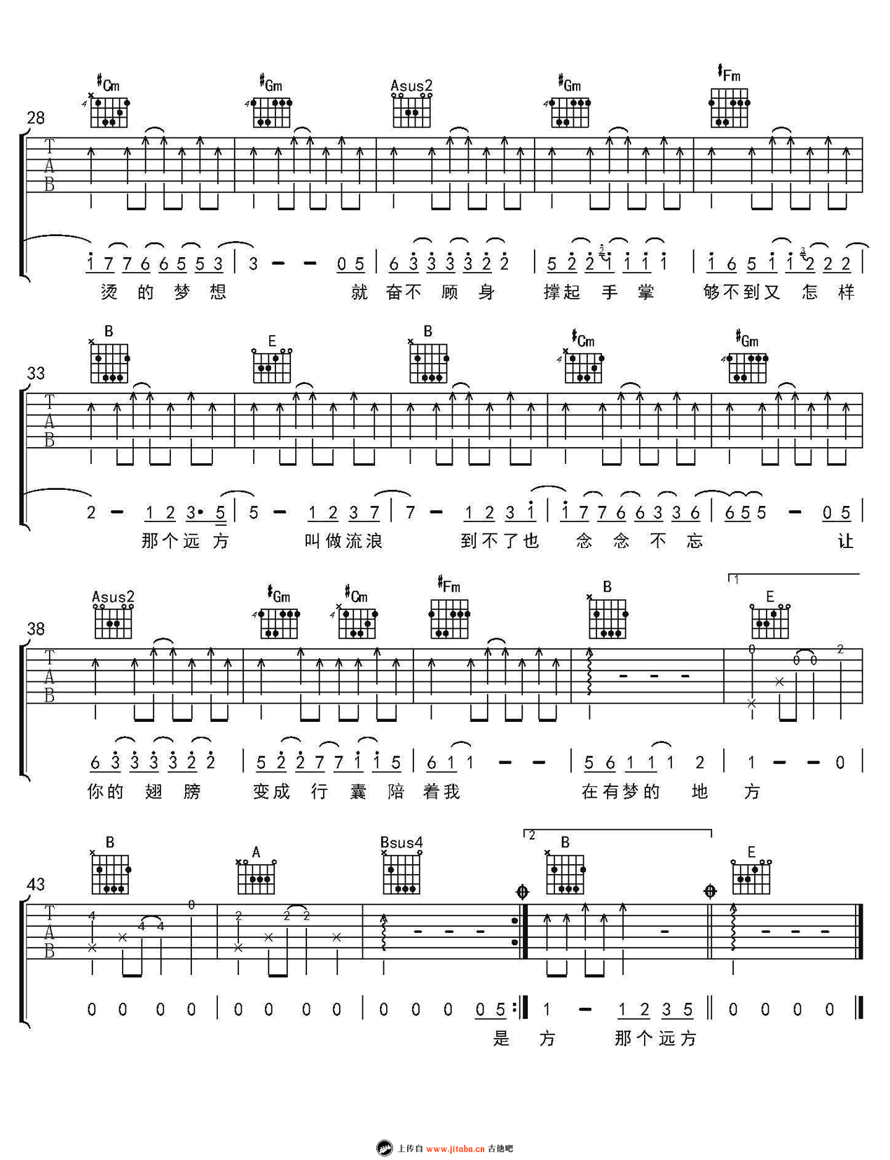 那个远方吉他谱,原版陈楚生歌曲,简单E调弹唱教学,延麟版六线指弹简谱图