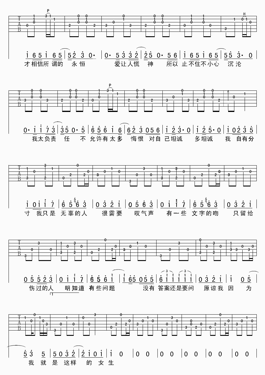 原谅我就是这样的女生吉他谱,原版戴佩妮歌曲,简单C调弹唱教学,holf版六线指弹简谱图