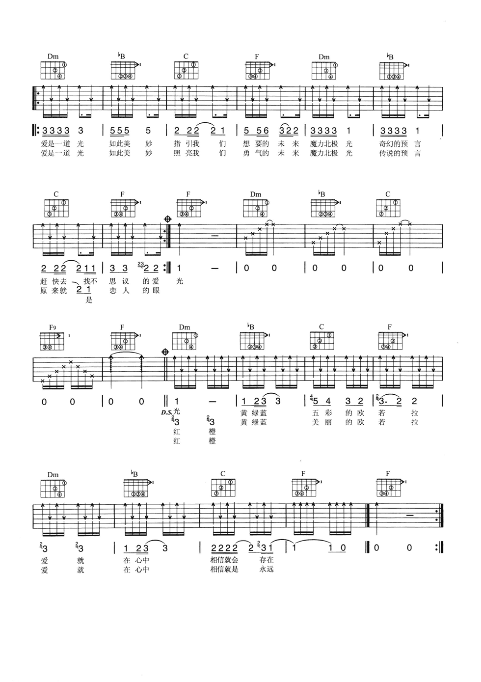 欧若拉吉他谱,原版张韶涵歌曲,简单F调弹唱教学,网络转载版六线指弹简谱图