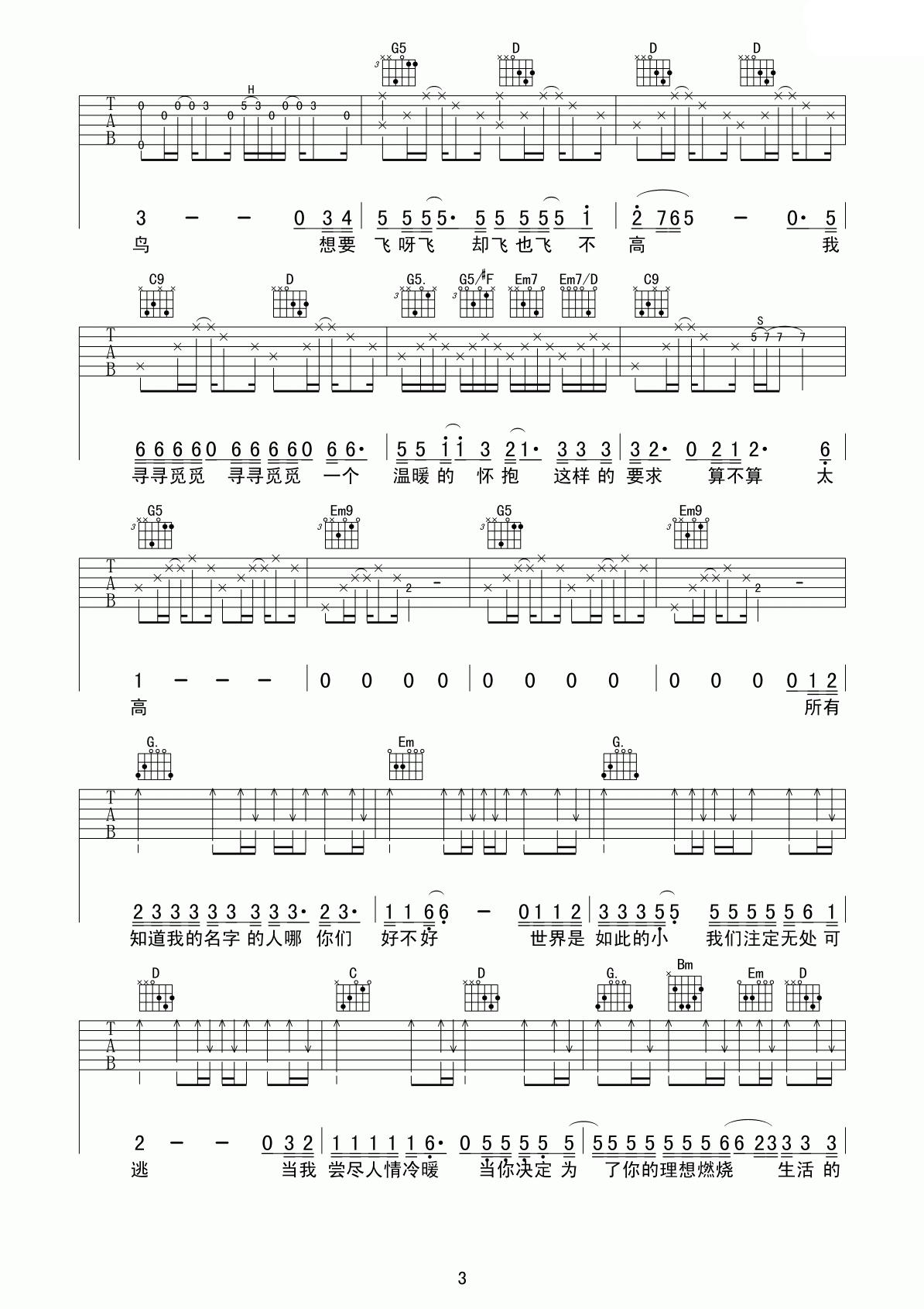 我是一只小小鸟吉他谱,原版任贤齐歌曲,简单G调弹唱教学,超越琴行版六线指弹简谱图