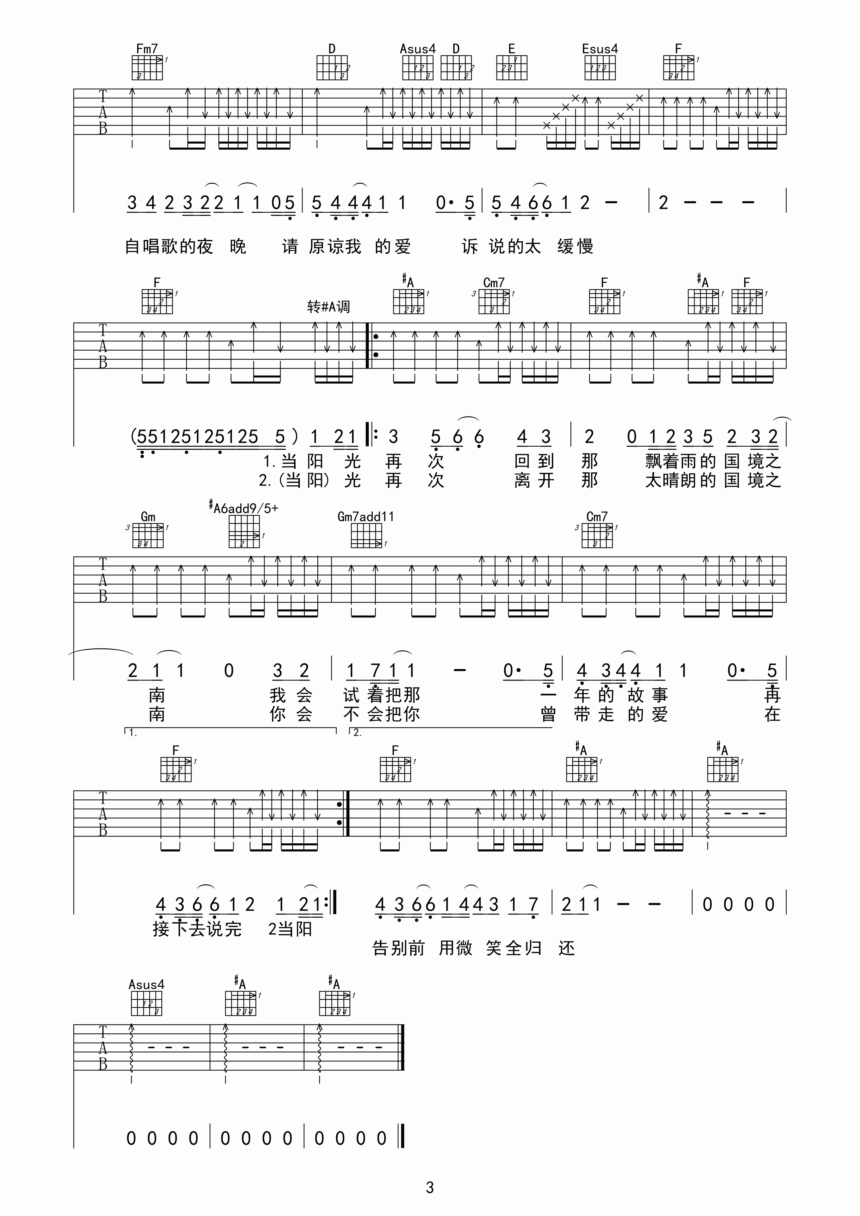 国境之南吉他谱,原版范逸臣歌曲,简单C调弹唱教学,网络转载版六线指弹简谱图