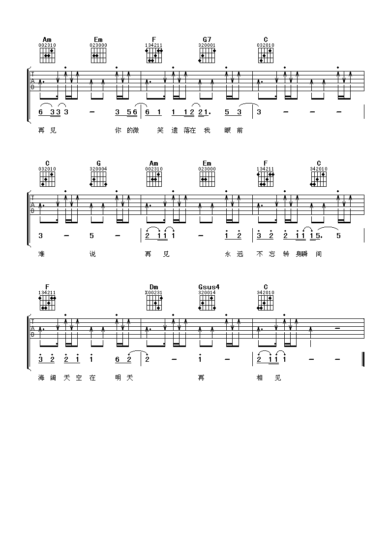 难说再见吉他谱,原版成龙歌曲,简单C调弹唱教学,阿潘音乐工场版六线指弹简谱图