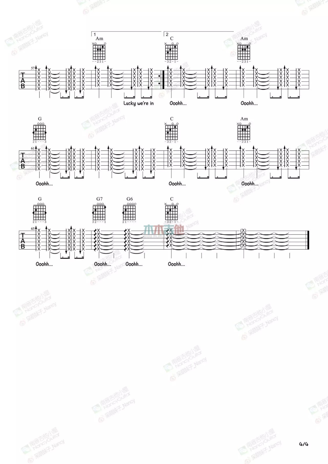 lucky吉他谱,原版JasonMraz歌曲,简单C调弹唱教学,木木吉他版六线指弹简谱图