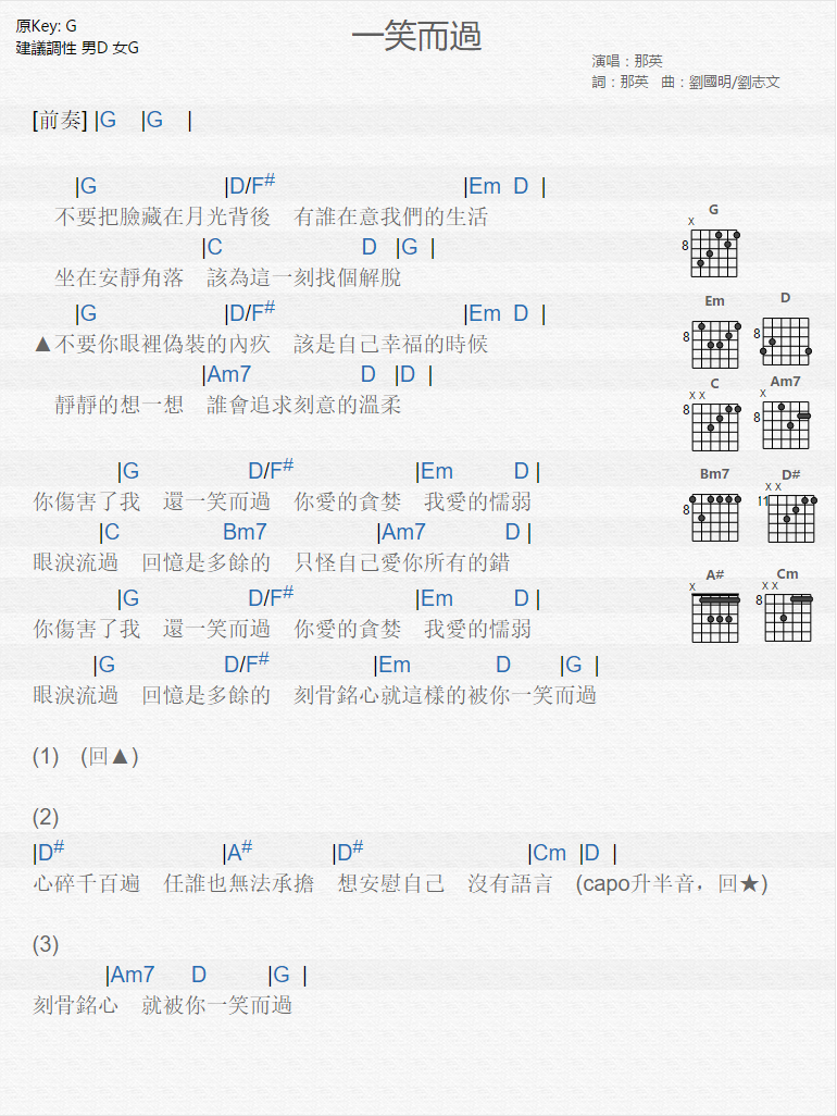 一笑而过吉他谱,原版那英歌曲,简单G调弹唱教学,木木吉他版六线指弹简谱图